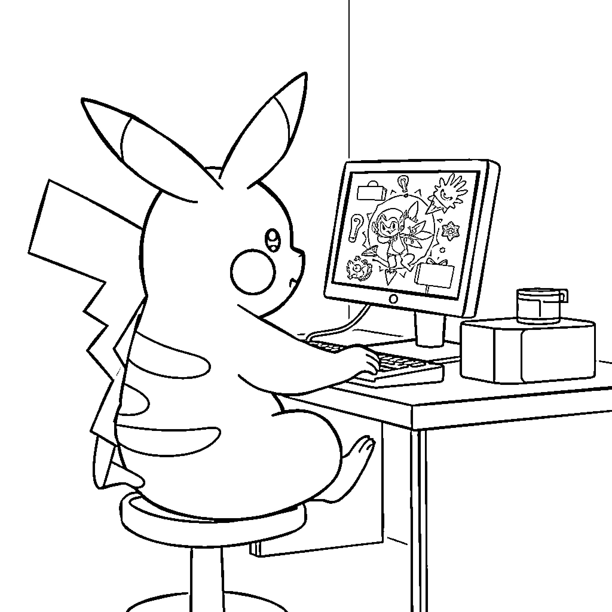 Pikachu working diligently at the computer Coloring Page (free black-and-white line drawing printable PDF for all, from beginners to advanced learners, including children, teens, adults, and seniors)