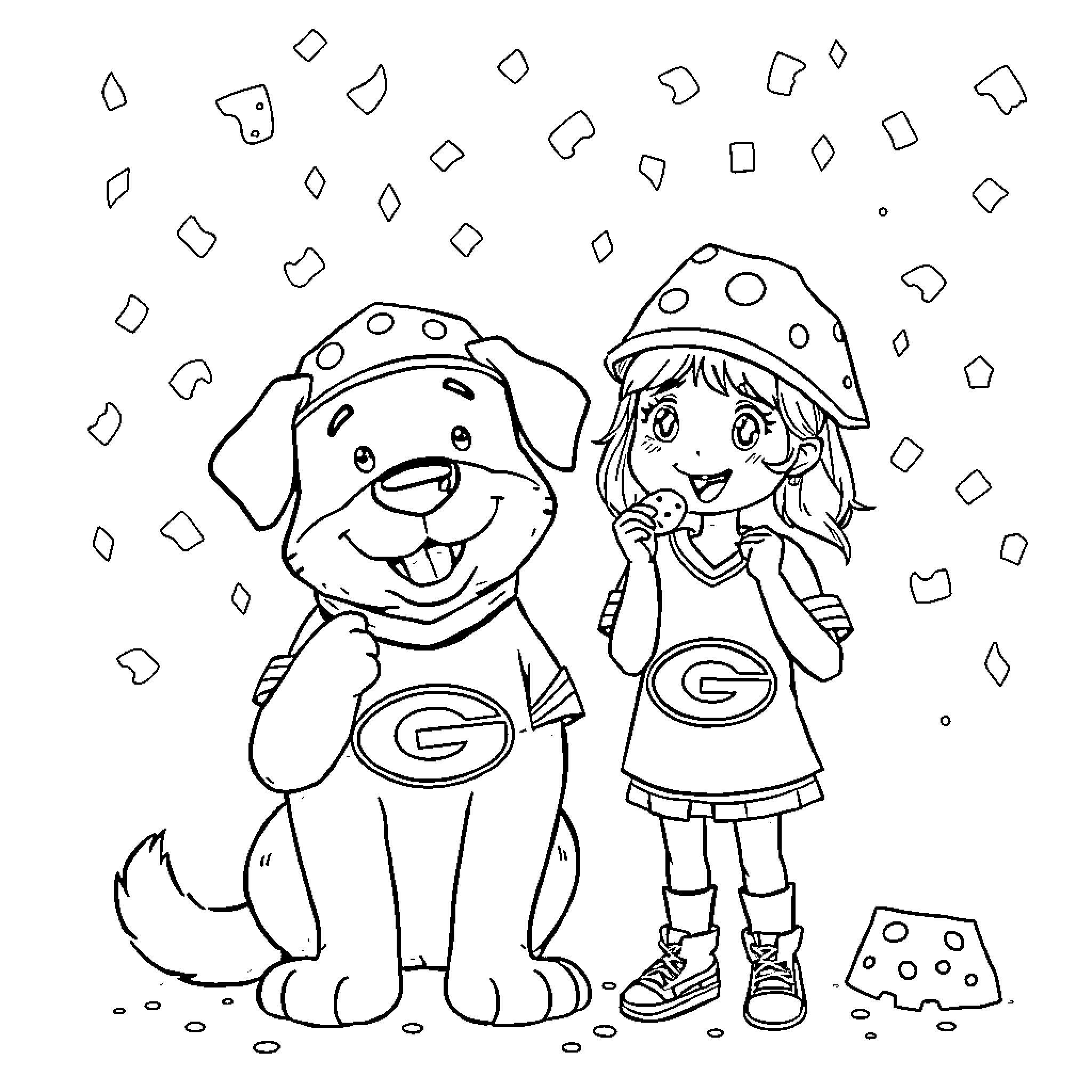 Puppy and girl playing happily together Coloring Page (free black-and-white line drawing printable PDF for all, from beginners to advanced learners, including children, teens, adults, and seniors)