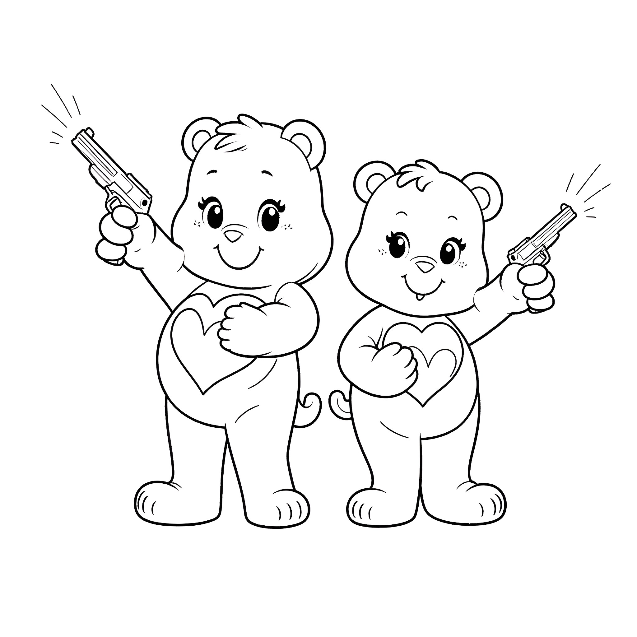 Care Bear friends playing with toy guns Coloring Page (free black-and-white line drawing printable PDF for all, from beginners to advanced learners, including children, teens, adults, and seniors)