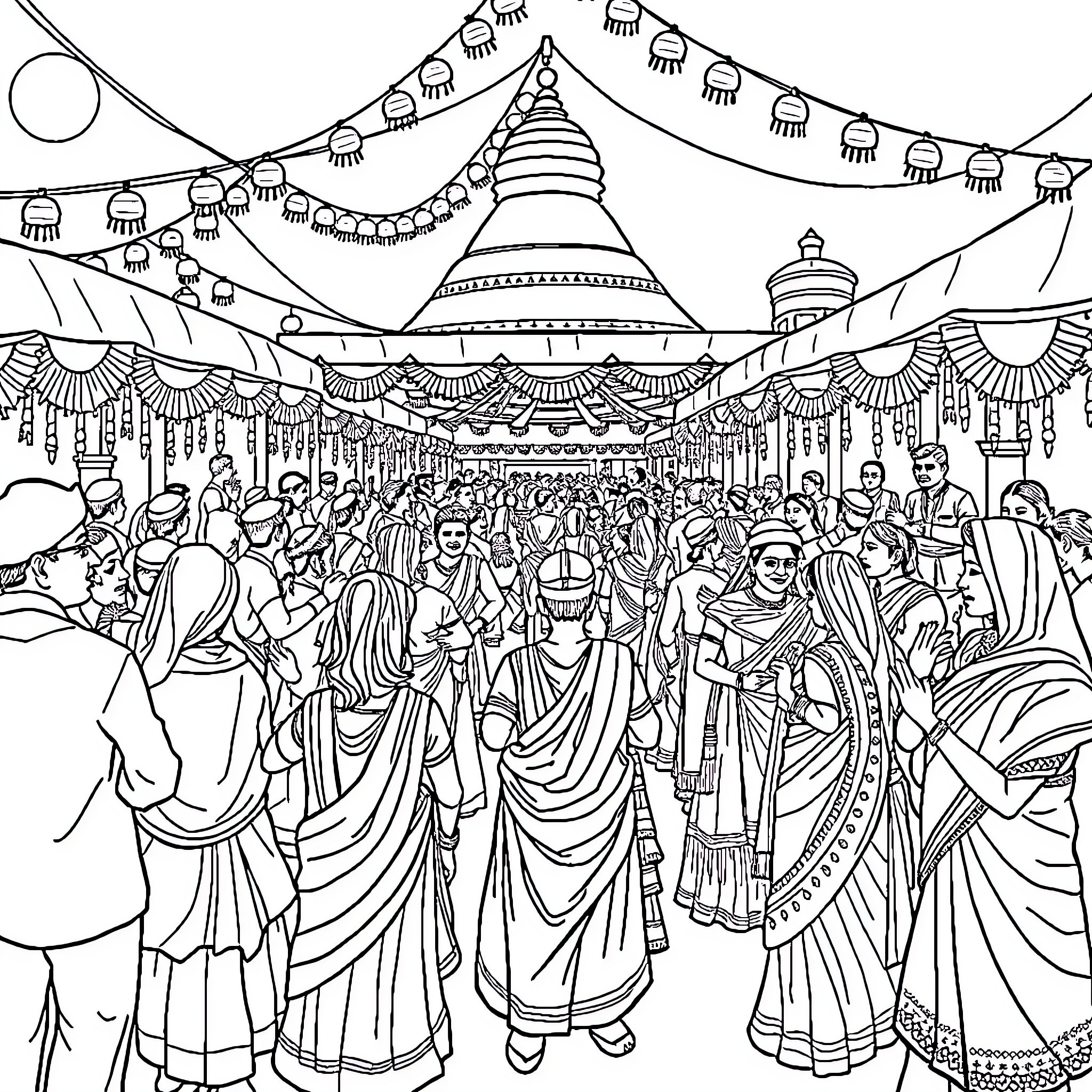 Pola: Vibrant festival scene with intricate decorations Coloring Page (free black-and-white line drawing printable PDF for all, from beginners to advanced learners, including children, teens, adults, and seniors)