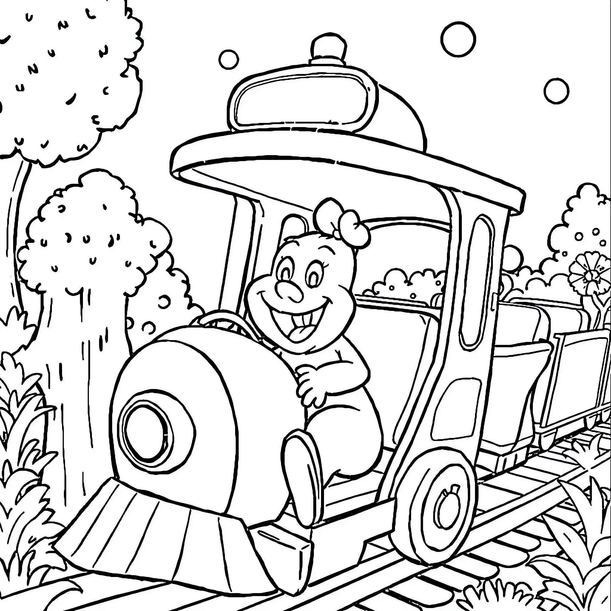 Bob l'éponge riding a happy train in the forest Coloring Page (free black-and-white line drawing printable PDF for all, from beginners to advanced learners, including children, teens, adults, and seniors)