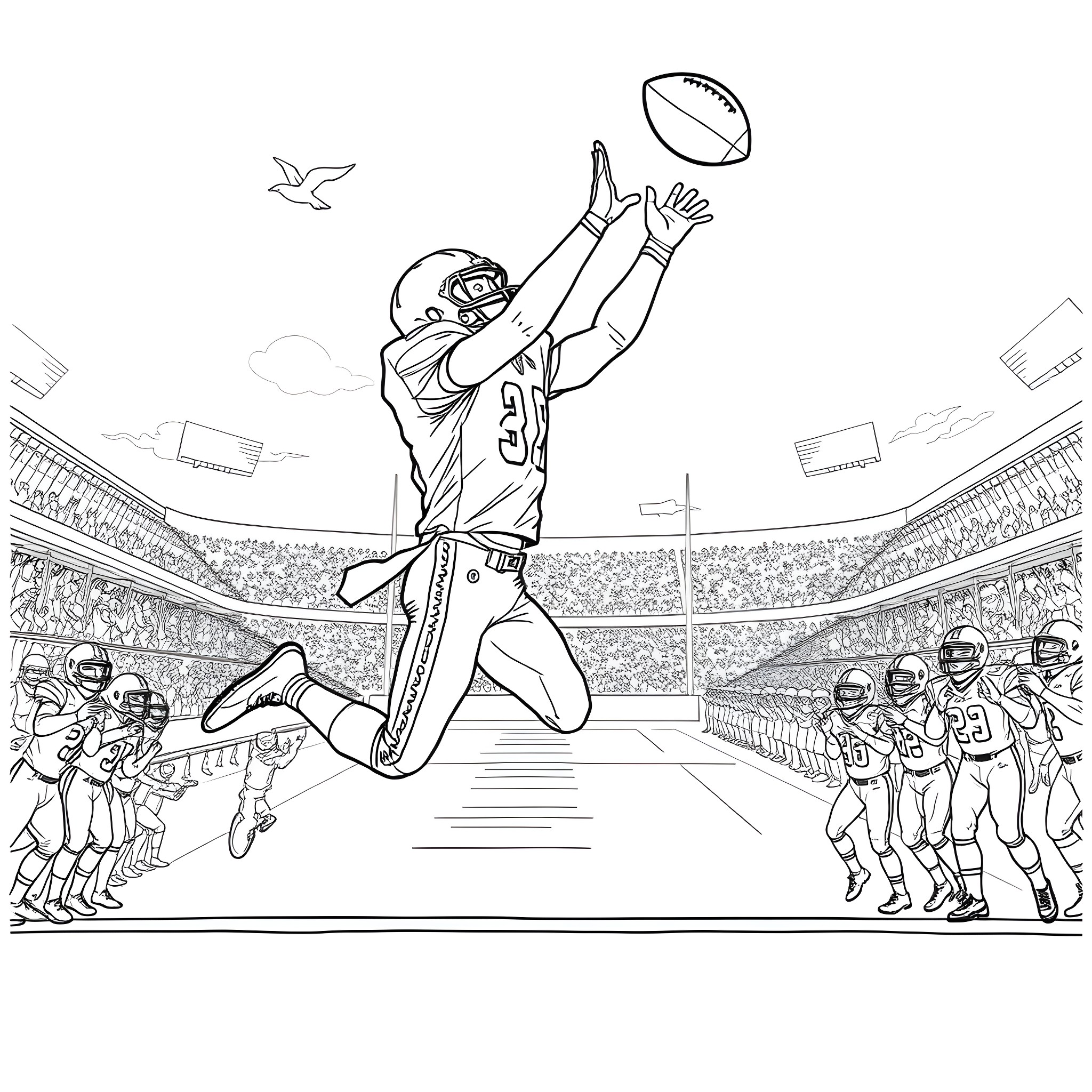 Football Player Catching Ball in Stadium Coloring Page (free black-and-white line drawing printable PDF for all, from beginners to advanced learners, including children, teens, adults, and seniors)