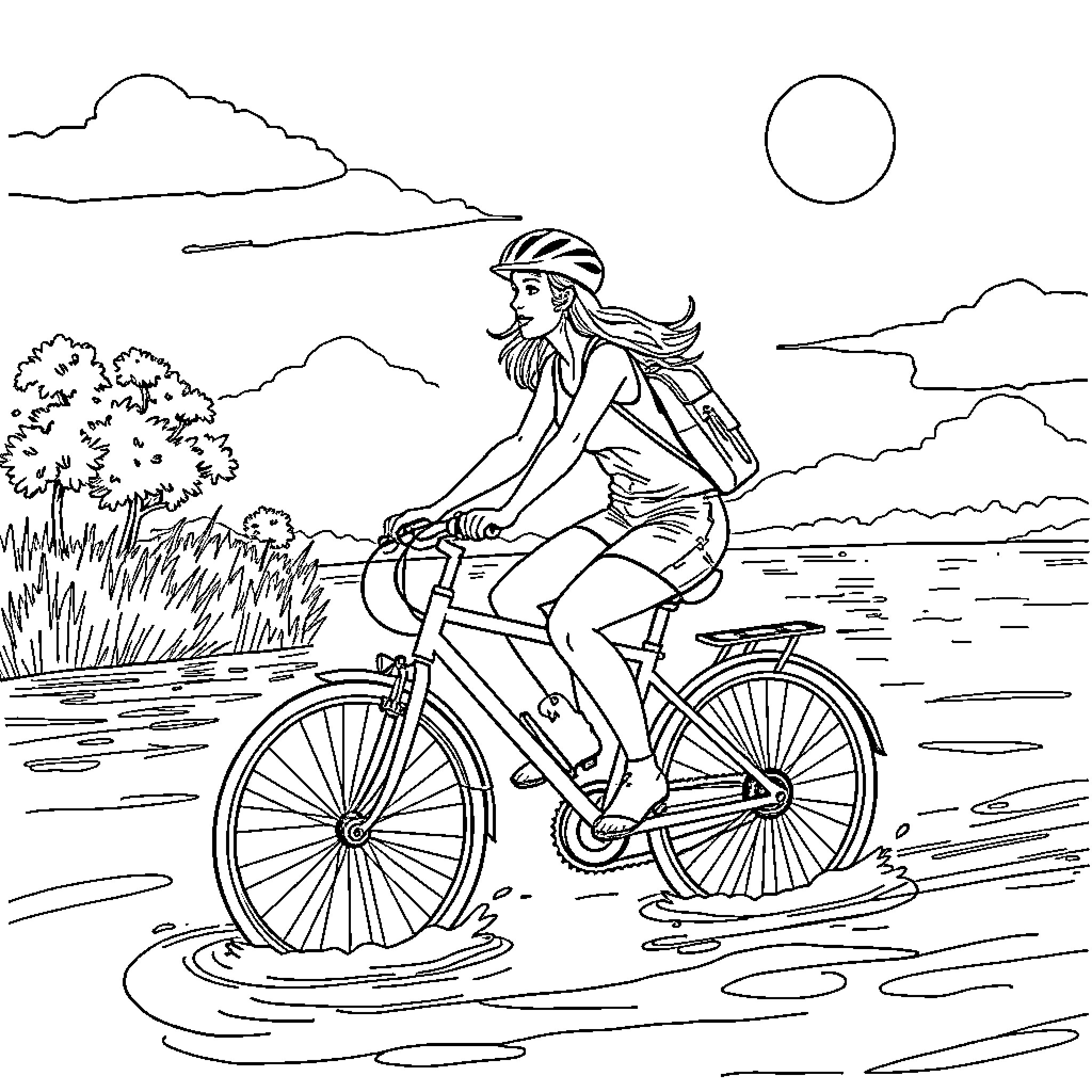 Chicletera cycling through the countryside landscape Coloring Page (free black-and-white line drawing printable PDF for all, from beginners to advanced learners, including children, teens, adults, and seniors)