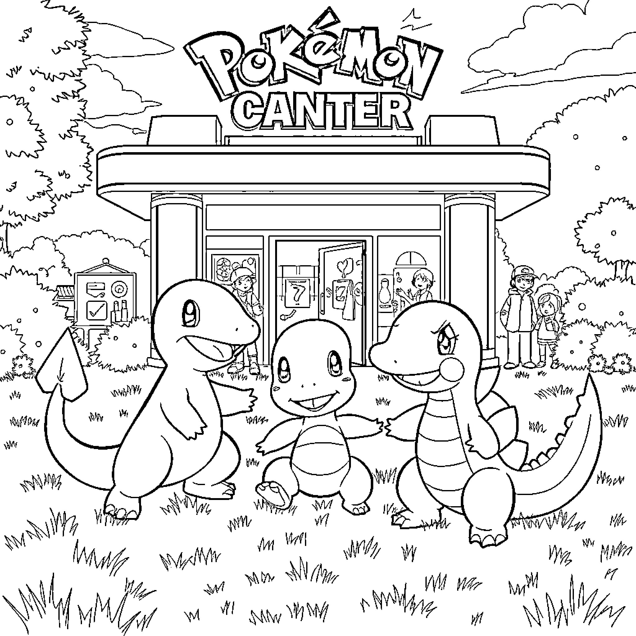 Pokémon Trainers at the Pokémon Center Coloring Page (free black-and-white line drawing printable PDF for all, from beginners to advanced learners, including children, teens, adults, and seniors)
