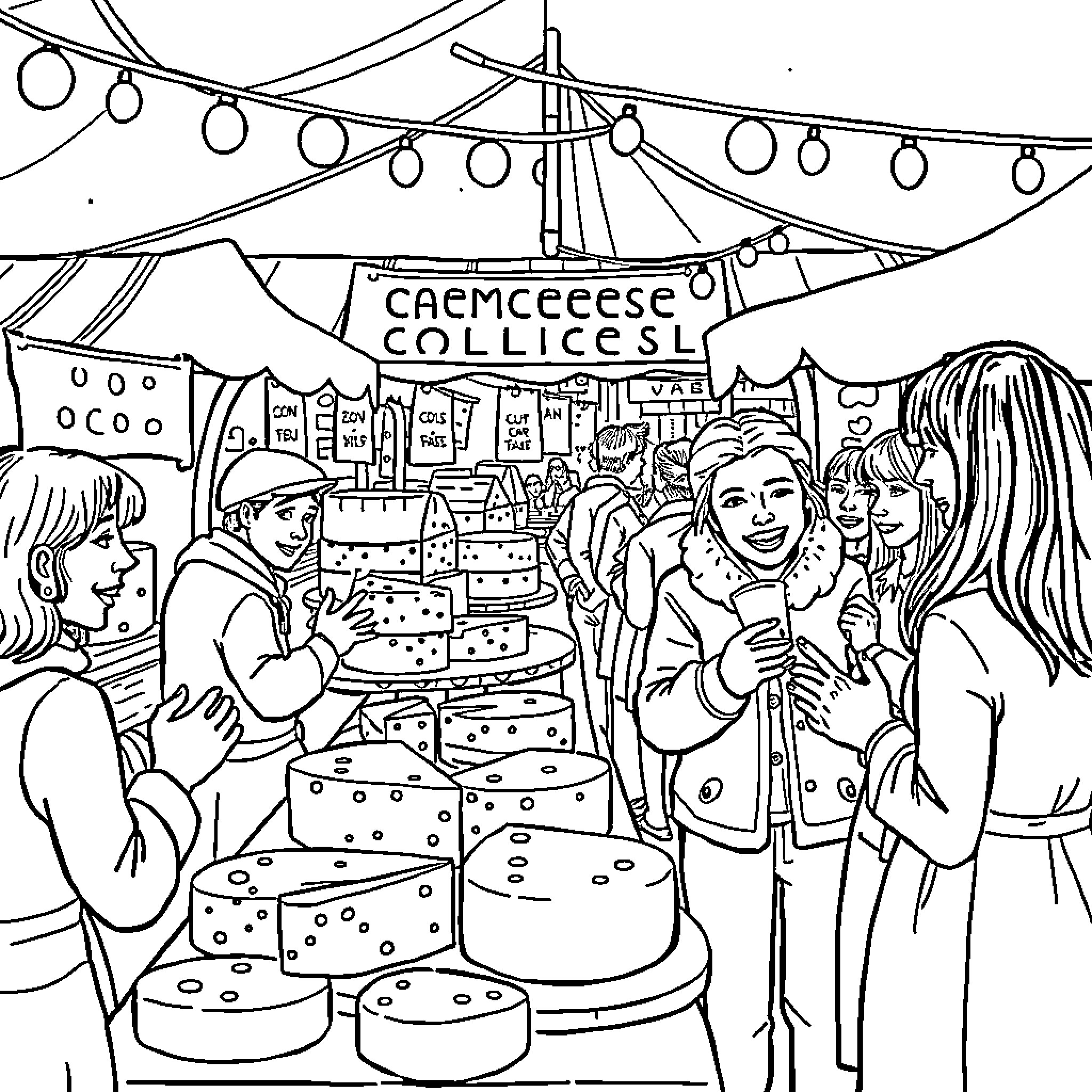 Cheese Festival with Festive Atmosphere Coloring Page (free black-and-white line drawing printable PDF for all, from beginners to advanced learners, including children, teens, adults, and seniors)