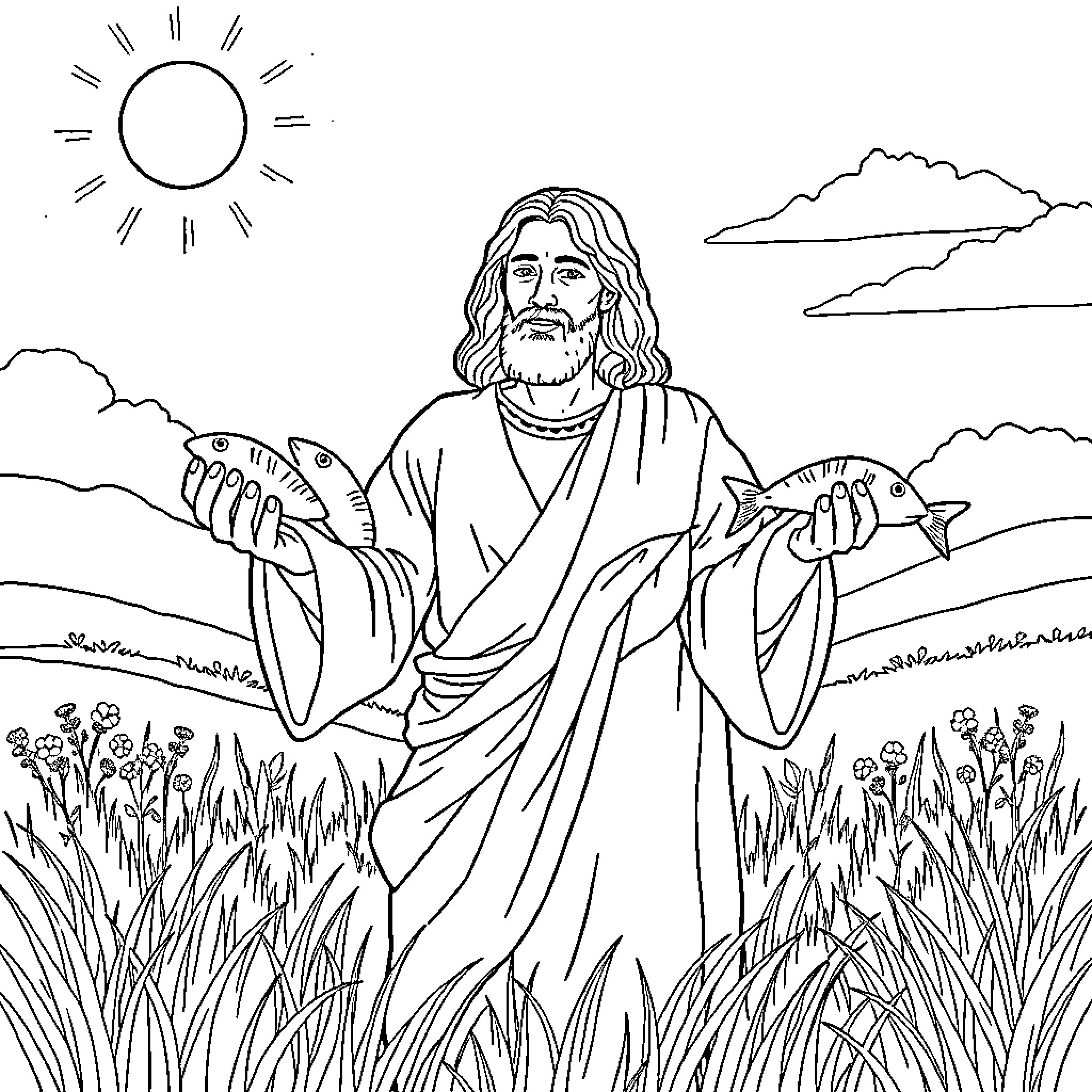 Jesus teaching and blessing in the countryside Coloring Page (free black-and-white line drawing printable PDF for all, from beginners to advanced learners, including children, teens, adults, and seniors)