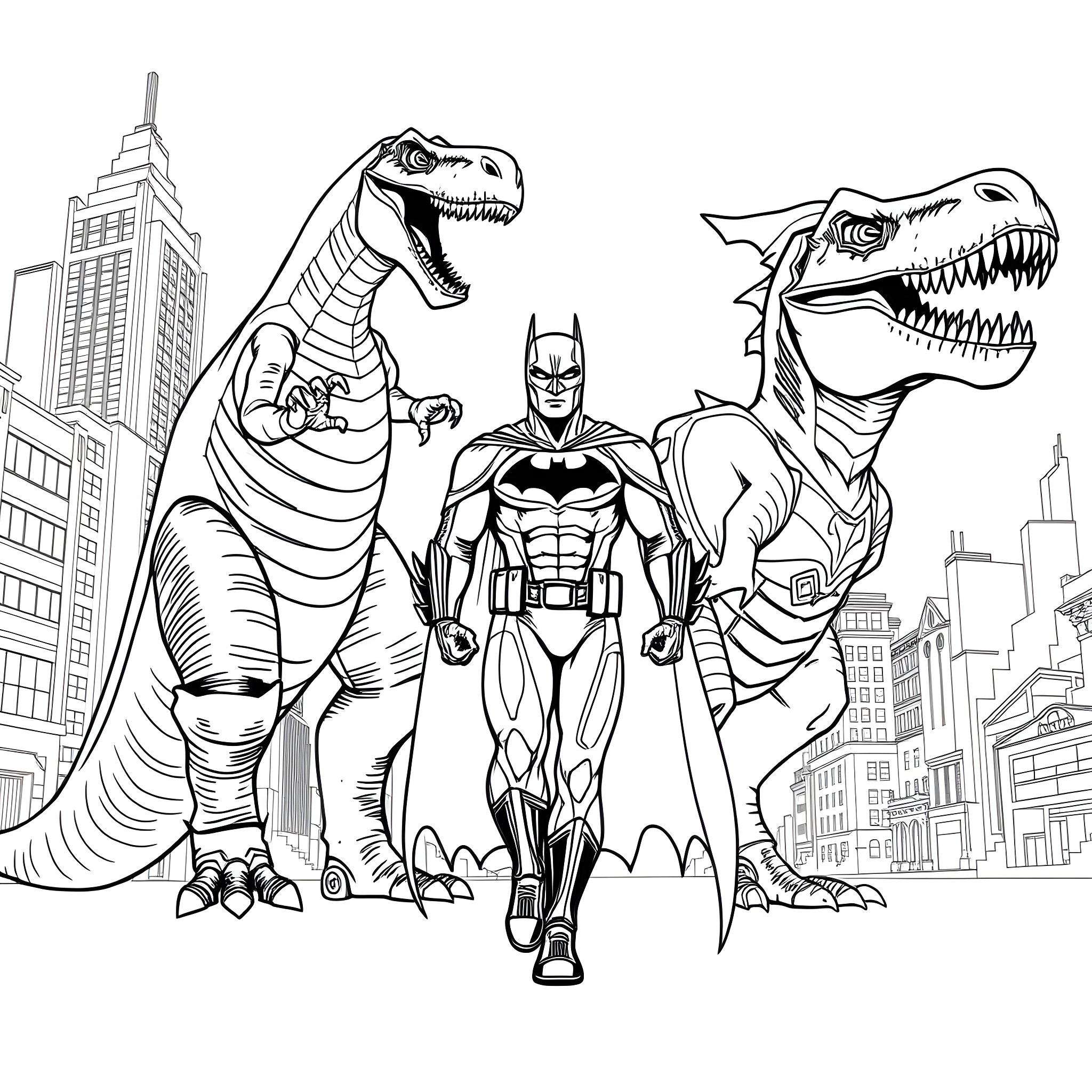 Batman confronting dinosaur villains in the city Coloring Page (free black-and-white line drawing printable PDF for all, from beginners to advanced learners, including children, teens, adults, and seniors)