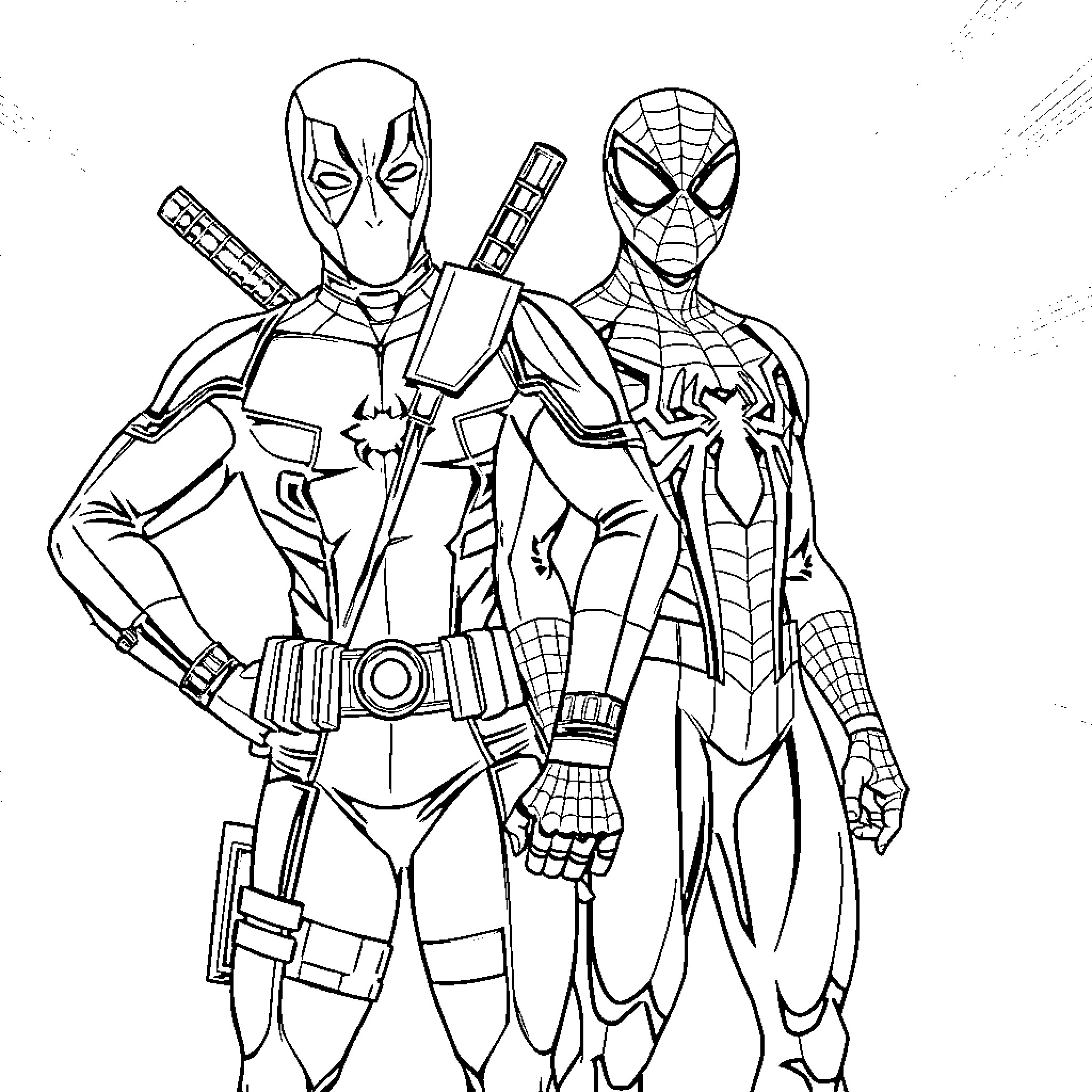 Deadpool and Spider-Man in action-ready poses Coloring Page (free black-and-white line drawing printable PDF for all, from beginners to advanced learners, including children, teens, adults, and seniors)