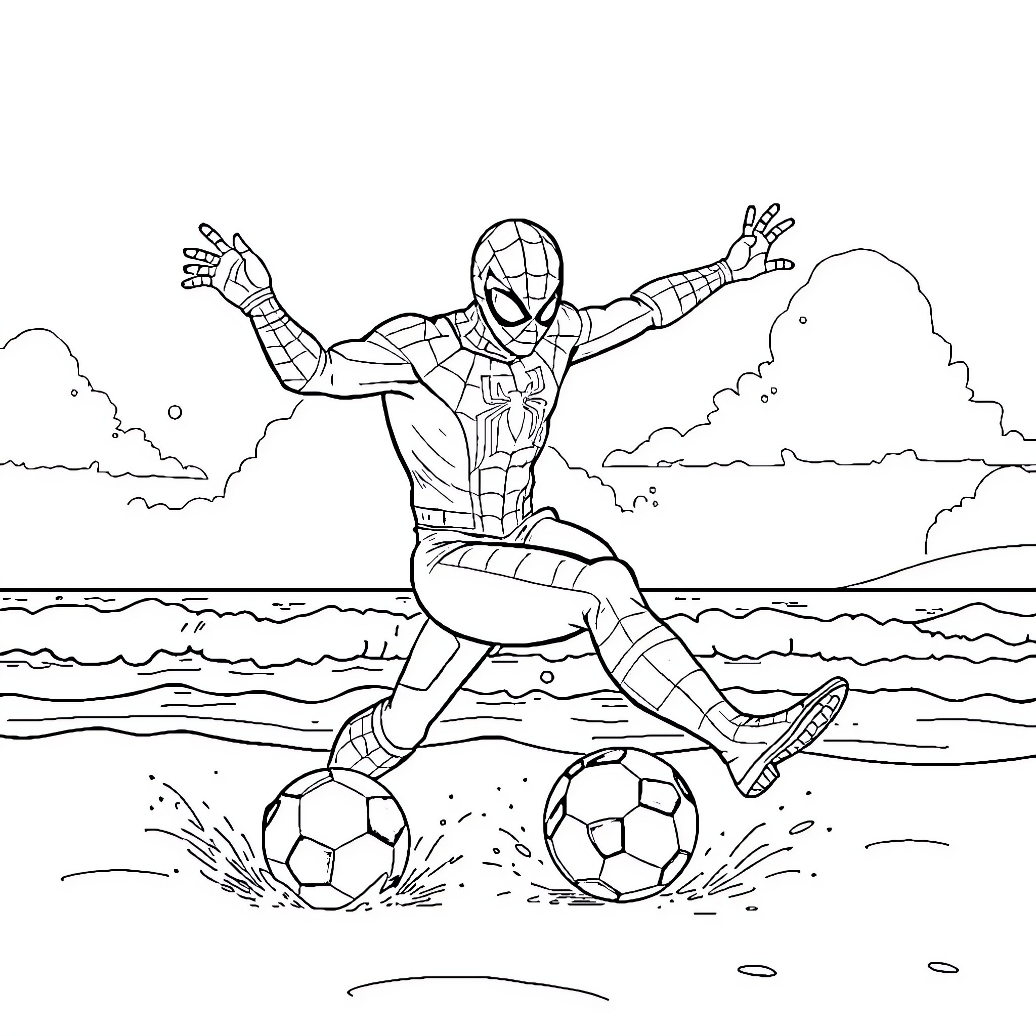 Spiderman playing soccer on the beach Coloring Page (free black-and-white line drawing printable PDF for all, from beginners to advanced learners, including children, teens, adults, and seniors)