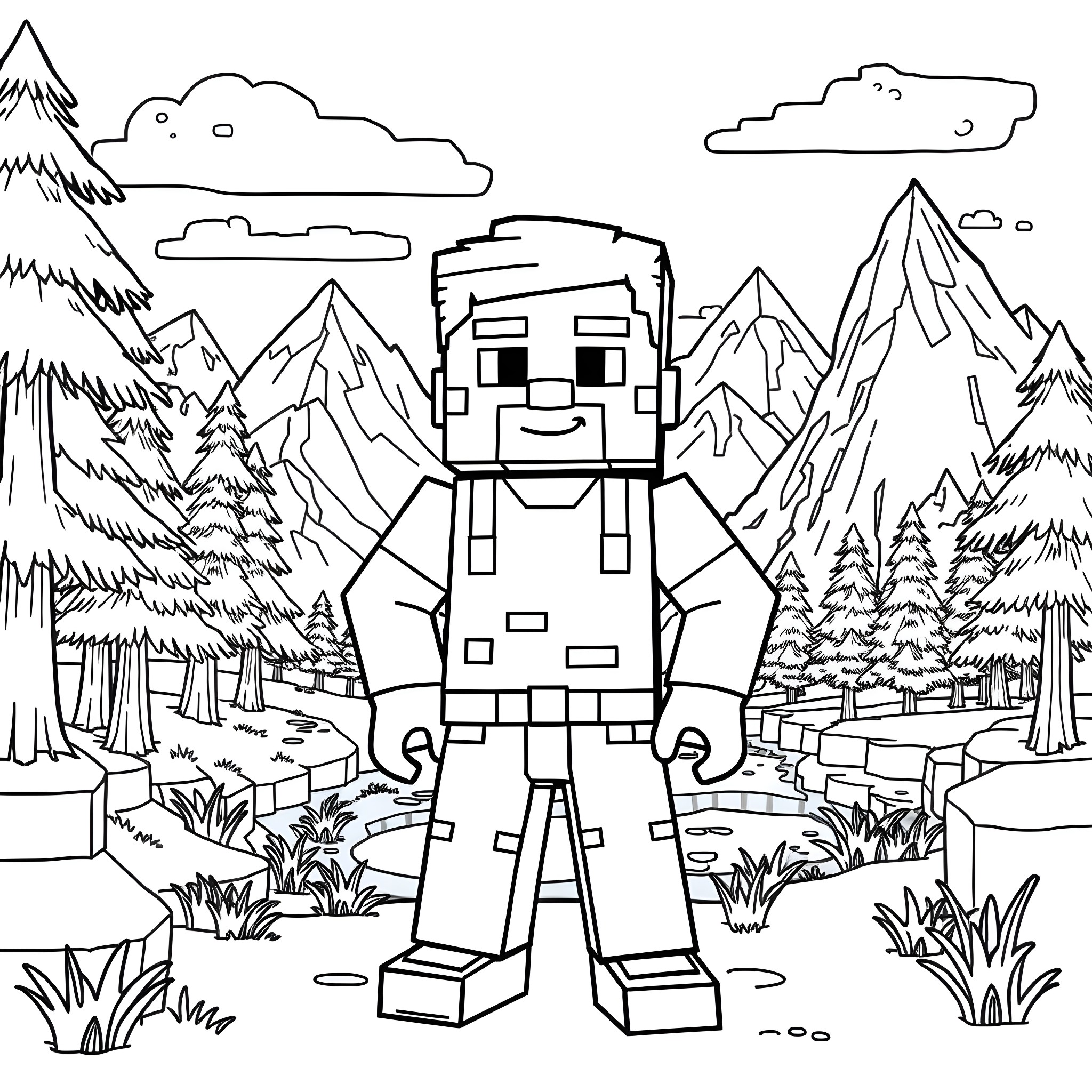 Steve exploring the mountainous wilderness Coloring Page (free black-and-white line drawing printable PDF for all, from beginners to advanced learners, including children, teens, adults, and seniors)