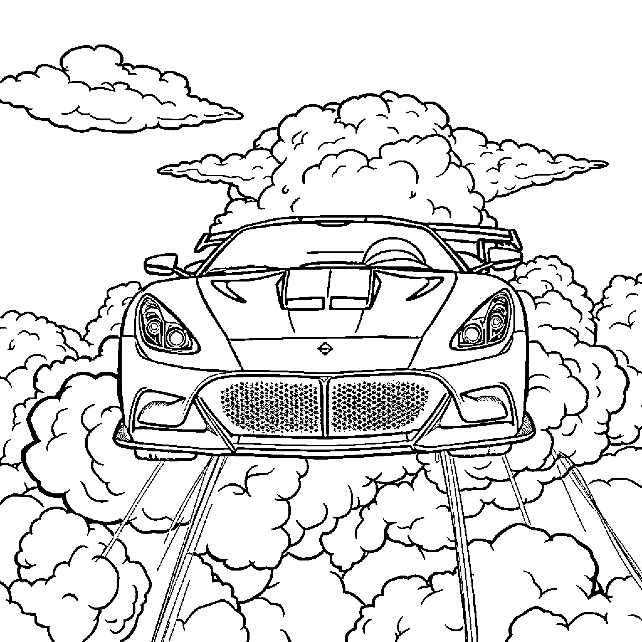 Super Car Soaring through Cloudy Skies Coloring Page (free black-and-white line drawing printable PDF for all, from beginners to advanced learners, including children, teens, adults, and seniors)