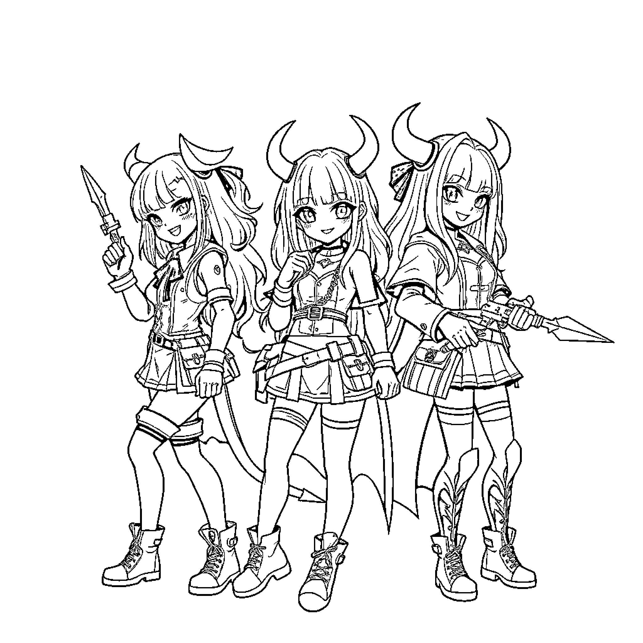 Huntrix Trio of Anime-Inspired Fantasy Warriors Coloring Page (free black-and-white line drawing printable PDF for all, from beginners to advanced learners, including children, teens, adults, and seniors)