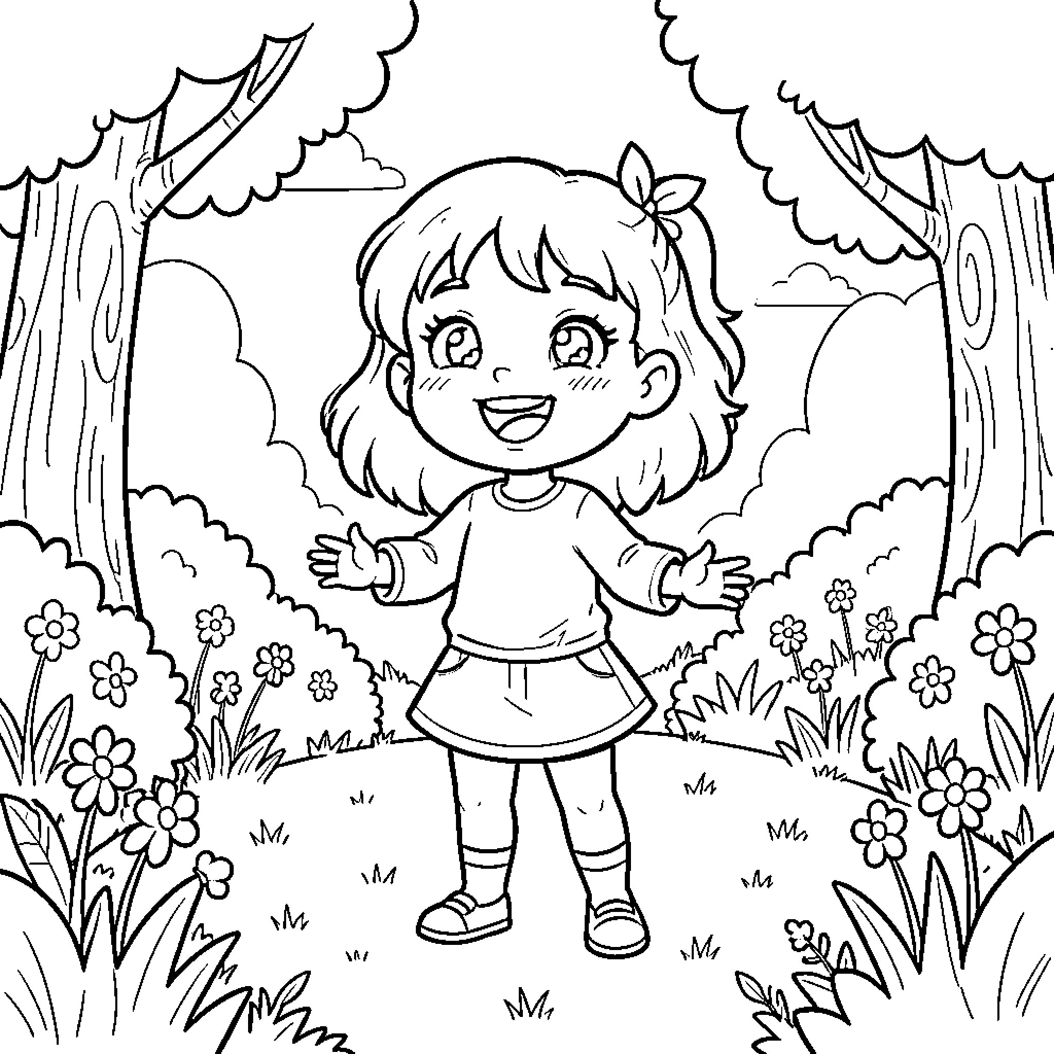 Luli smiling happily while standing in a flower garden Coloring Page (free black-and-white line drawing printable PDF for all, from beginners to advanced learners, including children, teens, adults, and seniors)