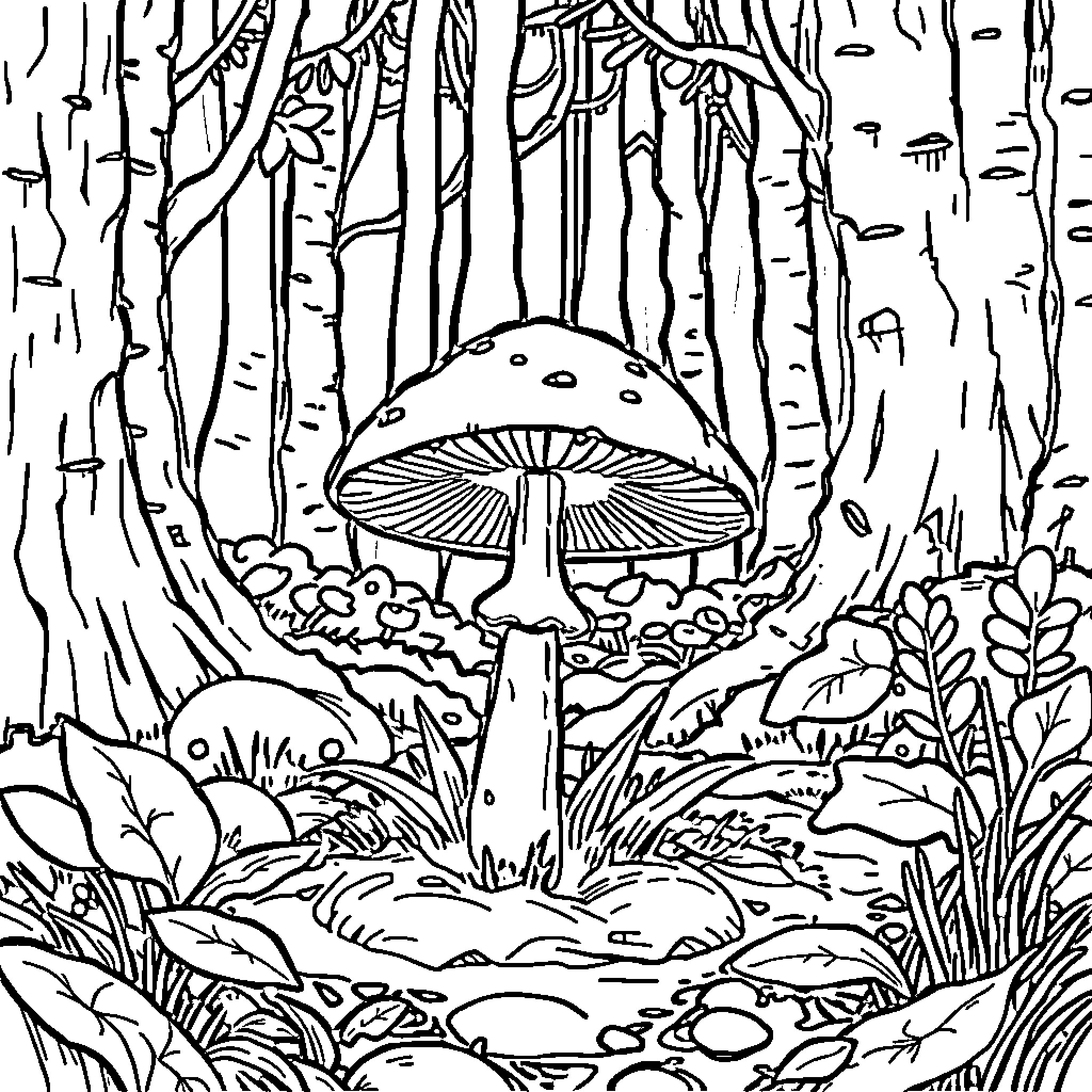 Mushroom Enchanted Forest Landscape Coloring Page (free black-and-white line drawing printable PDF for all, from beginners to advanced learners, including children, teens, adults, and seniors)
