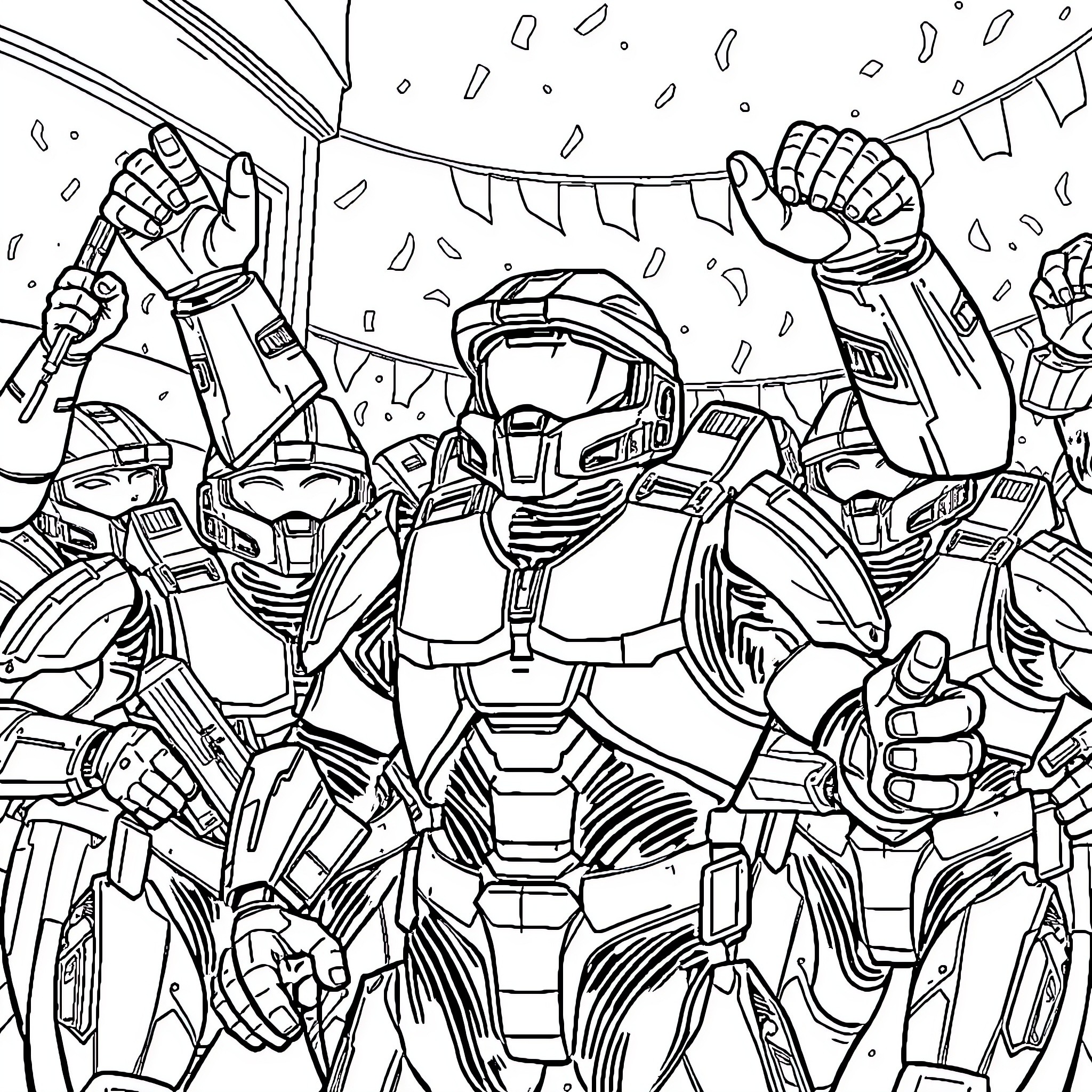 Master Chief's Triumphant Celebration Coloring Page (free black-and-white line drawing printable PDF for all, from beginners to advanced learners, including children, teens, adults, and seniors)