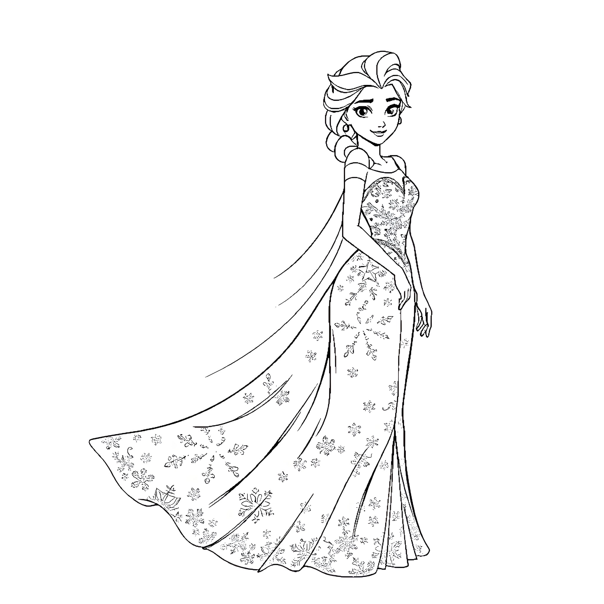 Elsa in a Floral Evening Gown Coloring Page (free black-and-white line drawing printable PDF for all, from beginners to advanced learners, including children, teens, adults, and seniors)