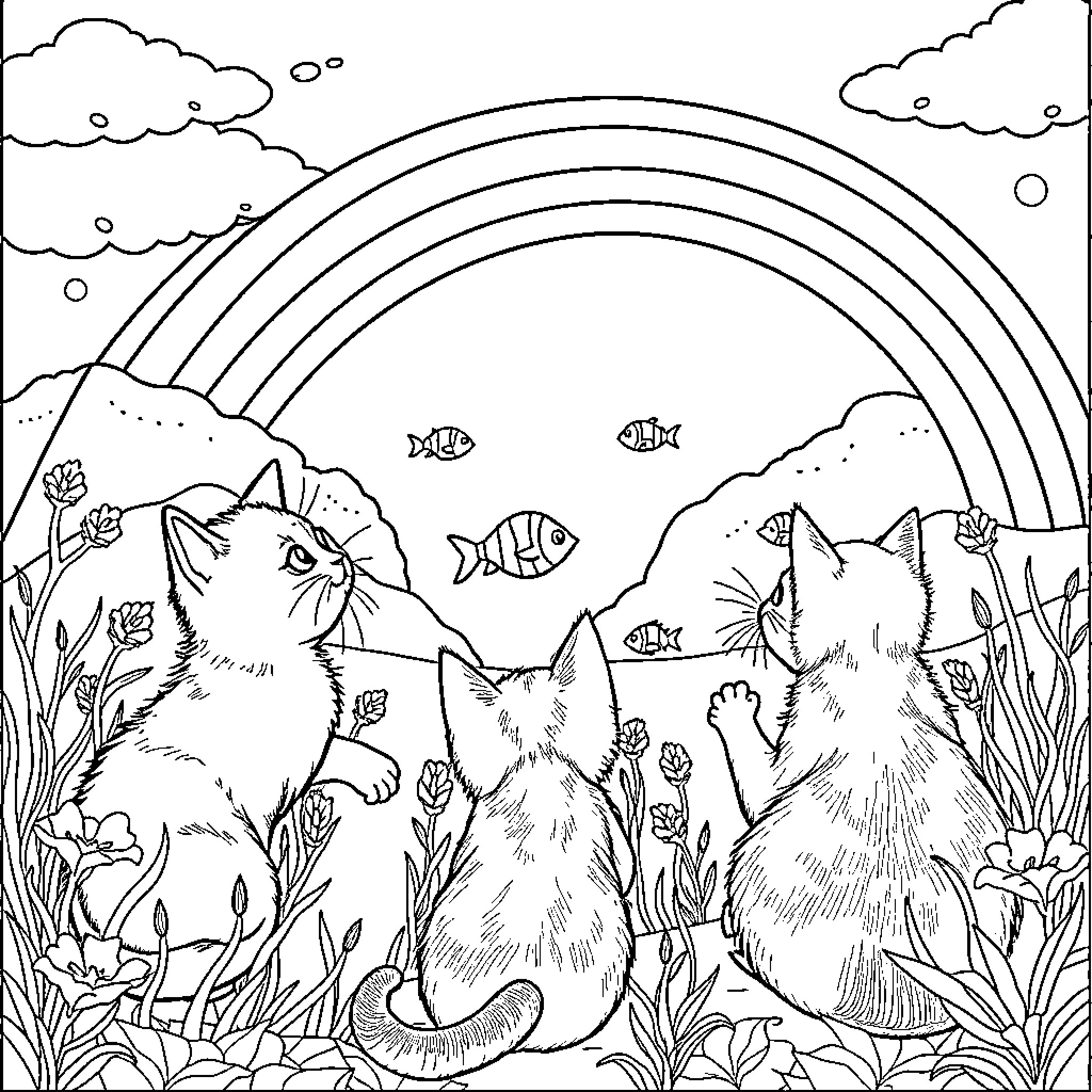 Cats exploring nature under a rainbow Coloring Page (free black-and-white line drawing printable PDF for all, from beginners to advanced learners, including children, teens, adults, and seniors)