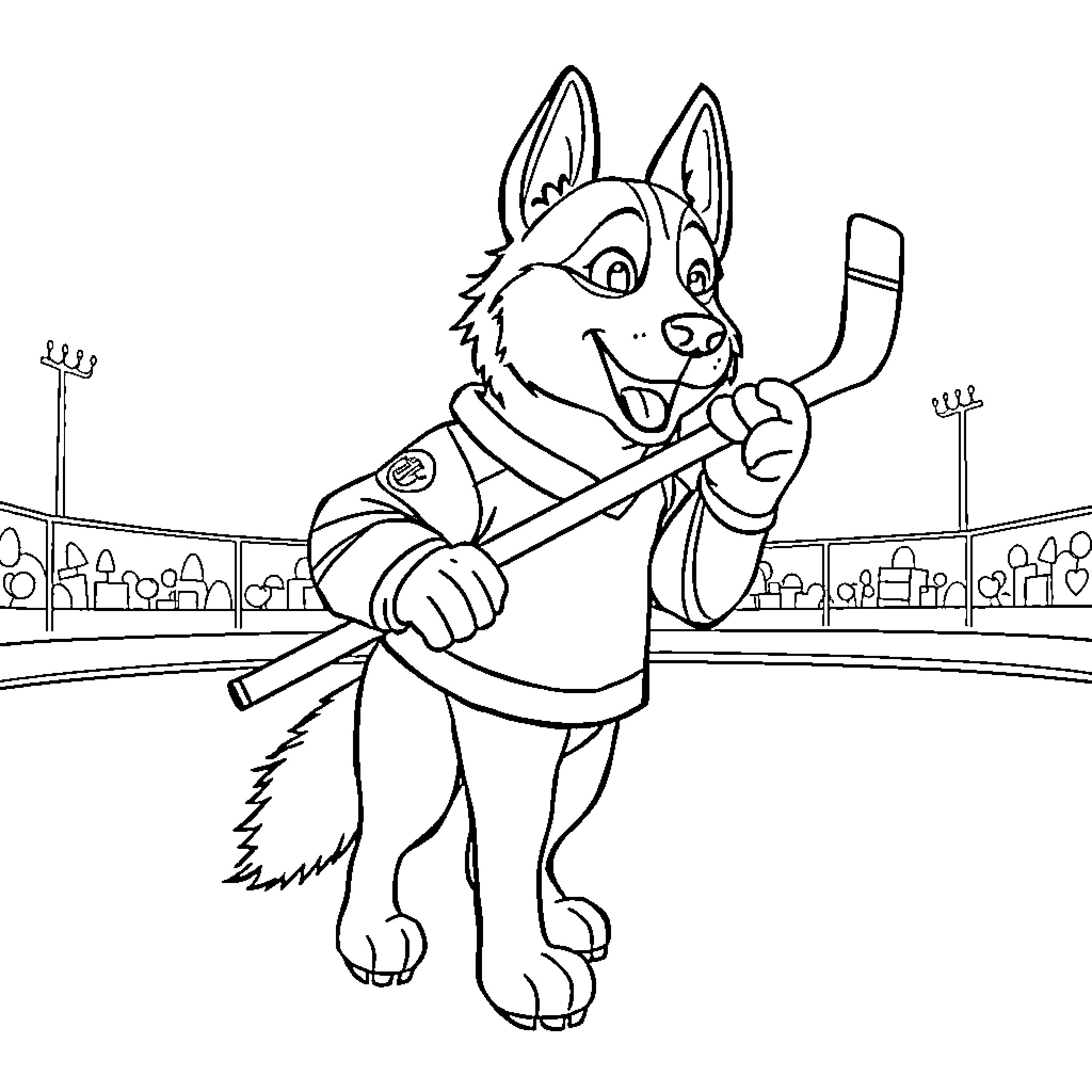 Husky playing hockey on the rink Coloring Page (free black-and-white line drawing printable PDF for all, from beginners to advanced learners, including children, teens, adults, and seniors)