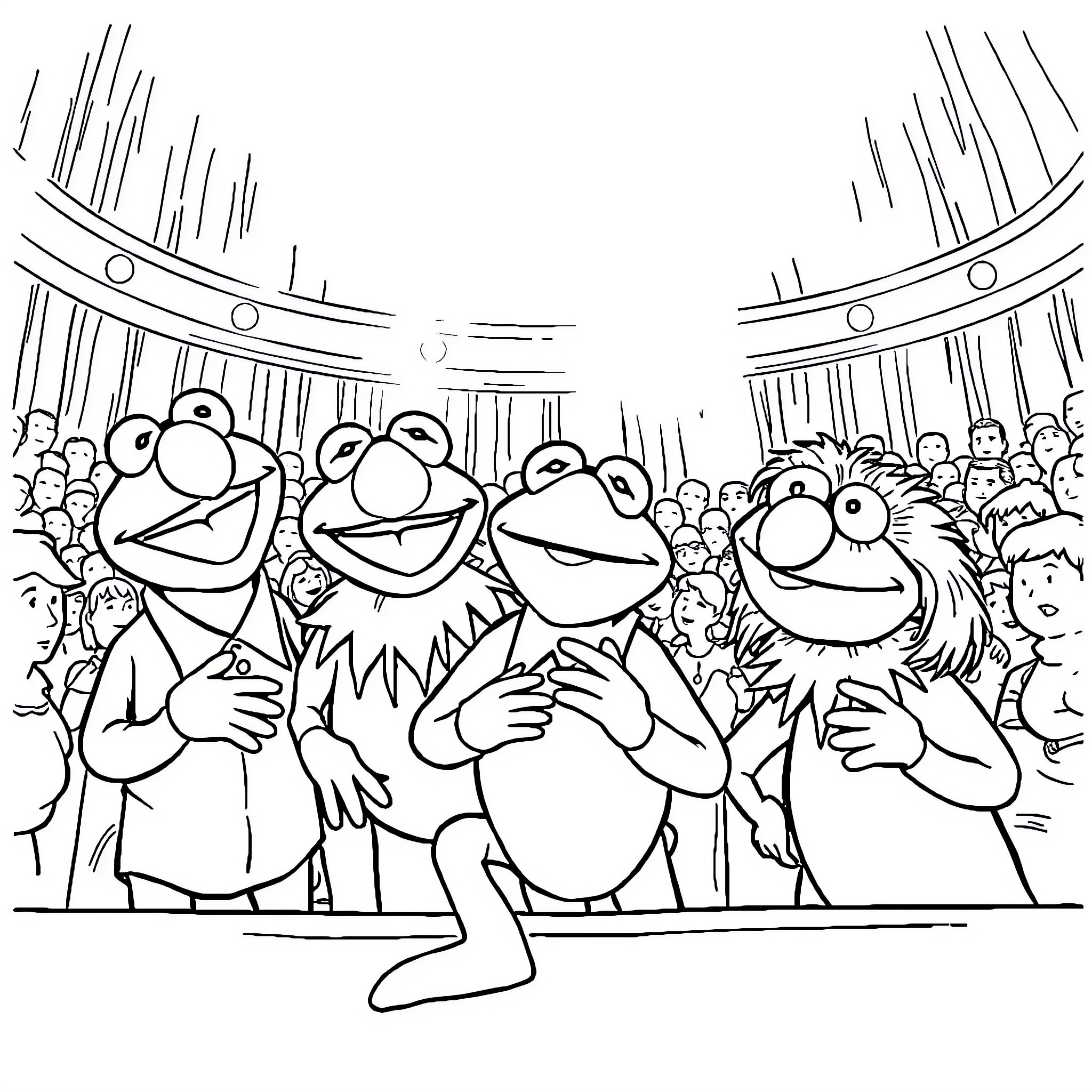 Muppets Performing on Stage with Audience Coloring Page (free black-and-white line drawing printable PDF for all, from beginners to advanced learners, including children, teens, adults, and seniors)