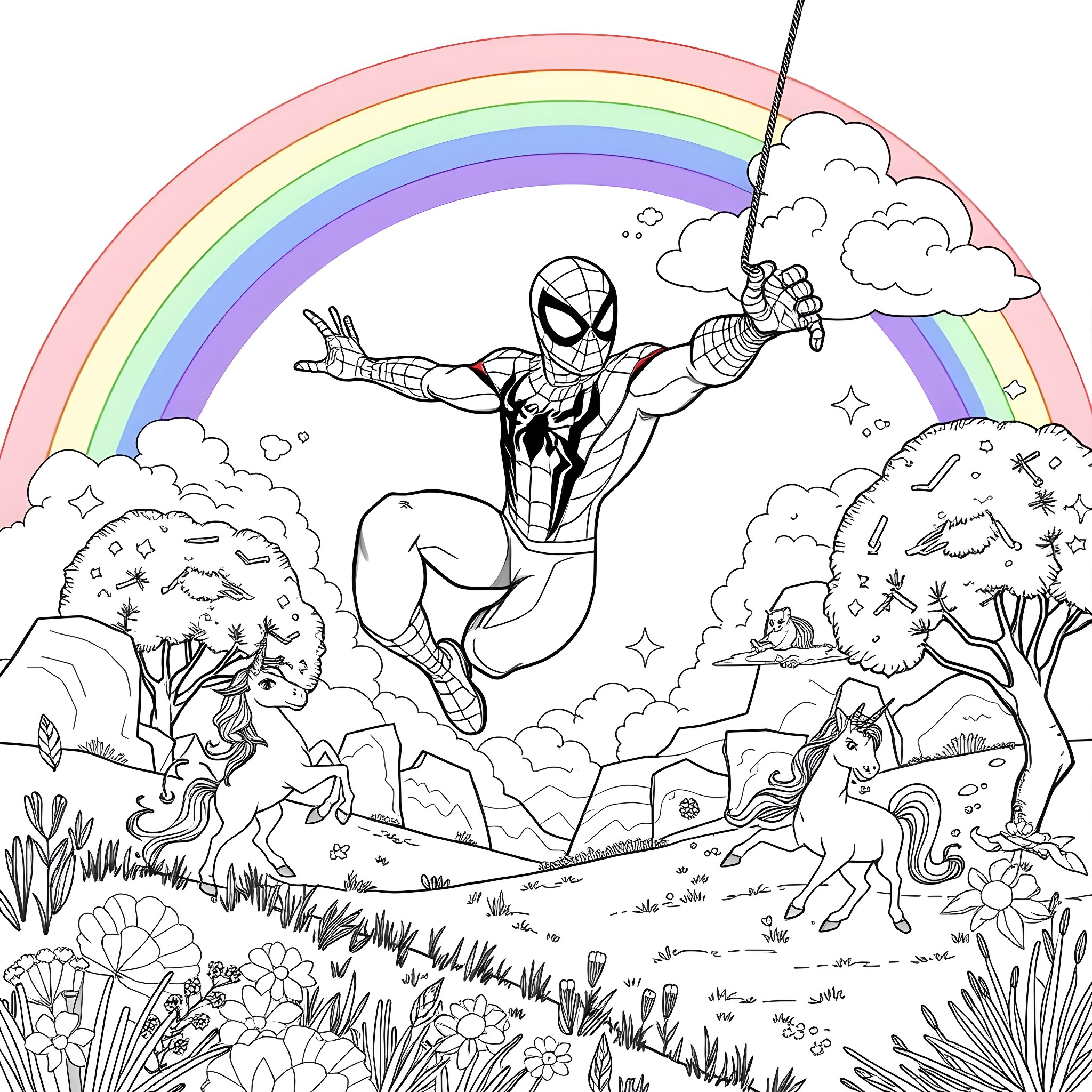 Spiderman's Colorful Adventure in a Fantastical Landscape Coloring Page (free black-and-white line drawing printable PDF for all, from beginners to advanced learners, including children, teens, adults, and seniors)