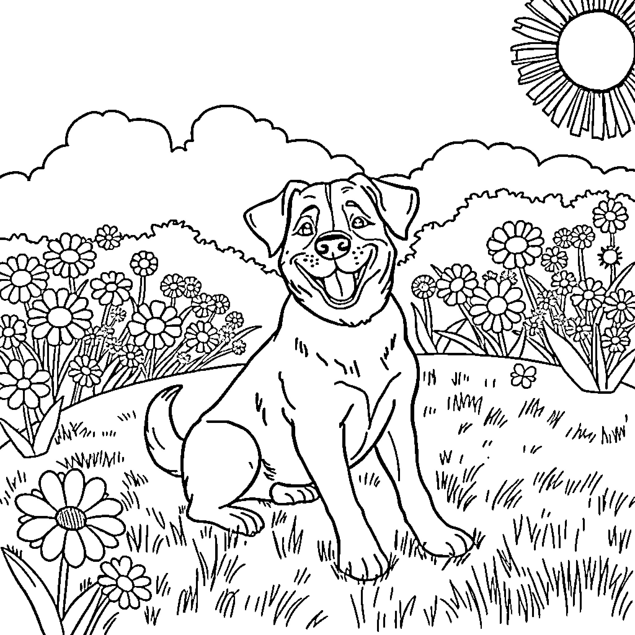 Dog Enjoying a Sunny Garden Coloring Page (free black-and-white line drawing printable PDF for all, from beginners to advanced learners, including children, teens, adults, and seniors)