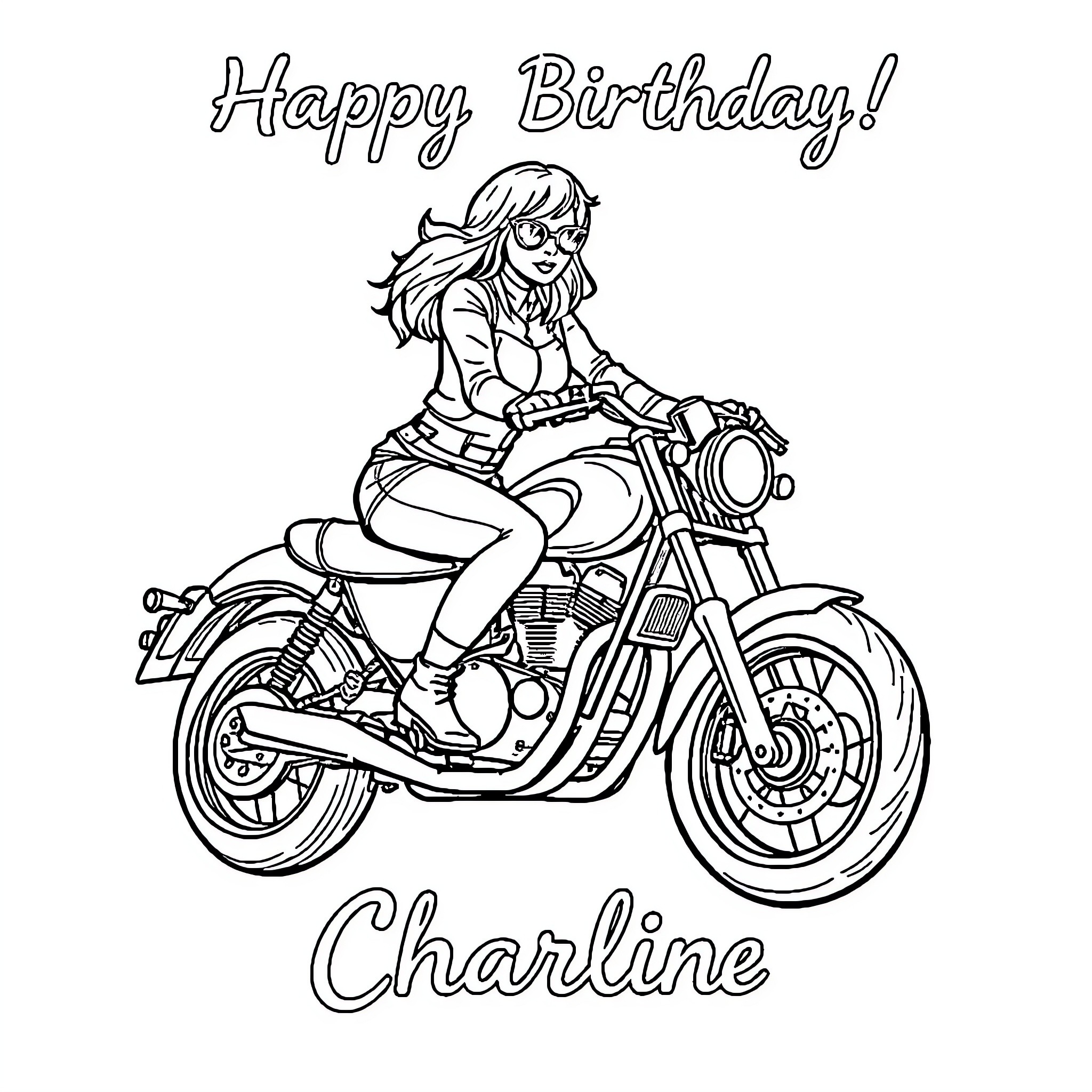 Motorcycle Birthday Celebration with Rider Coloring Page (free black-and-white line drawing printable PDF for all, from beginners to advanced learners, including children, teens, adults, and seniors)