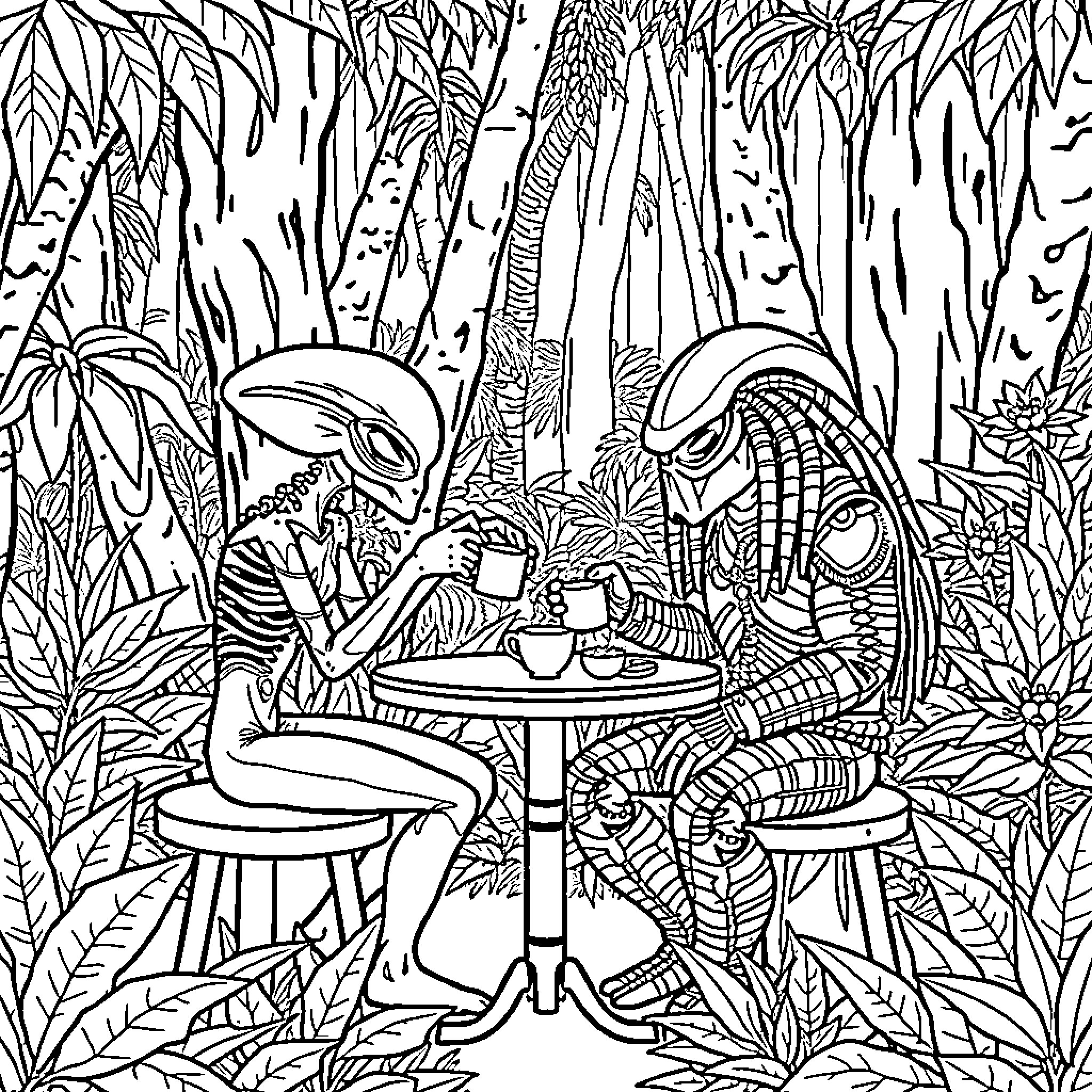 Alien creatures having a tea party in the jungle Coloring Page (free black-and-white line drawing printable PDF for all, from beginners to advanced learners, including children, teens, adults, and seniors)