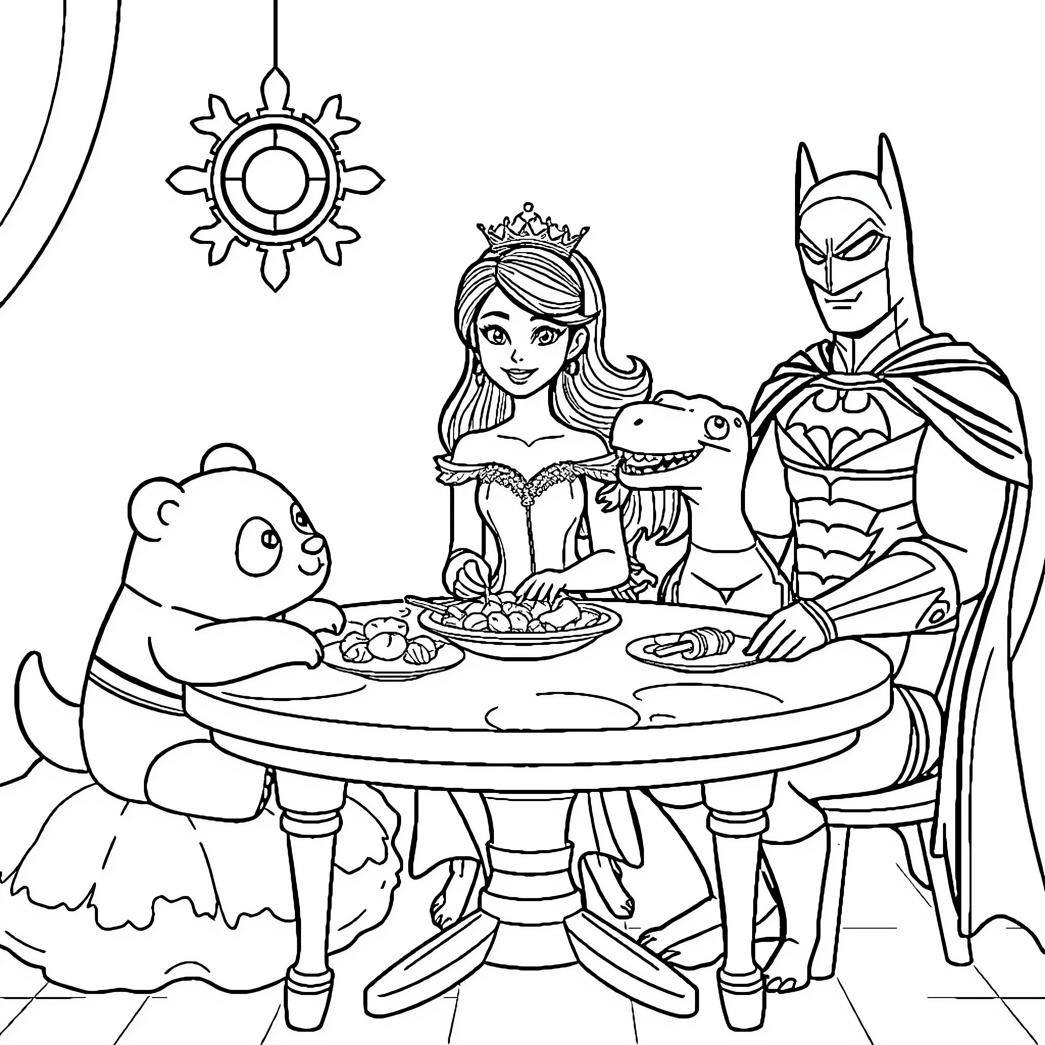 Princess and friends enjoying a meal together Coloring Page (free black-and-white line drawing printable PDF for all, from beginners to advanced learners, including children, teens, adults, and seniors)