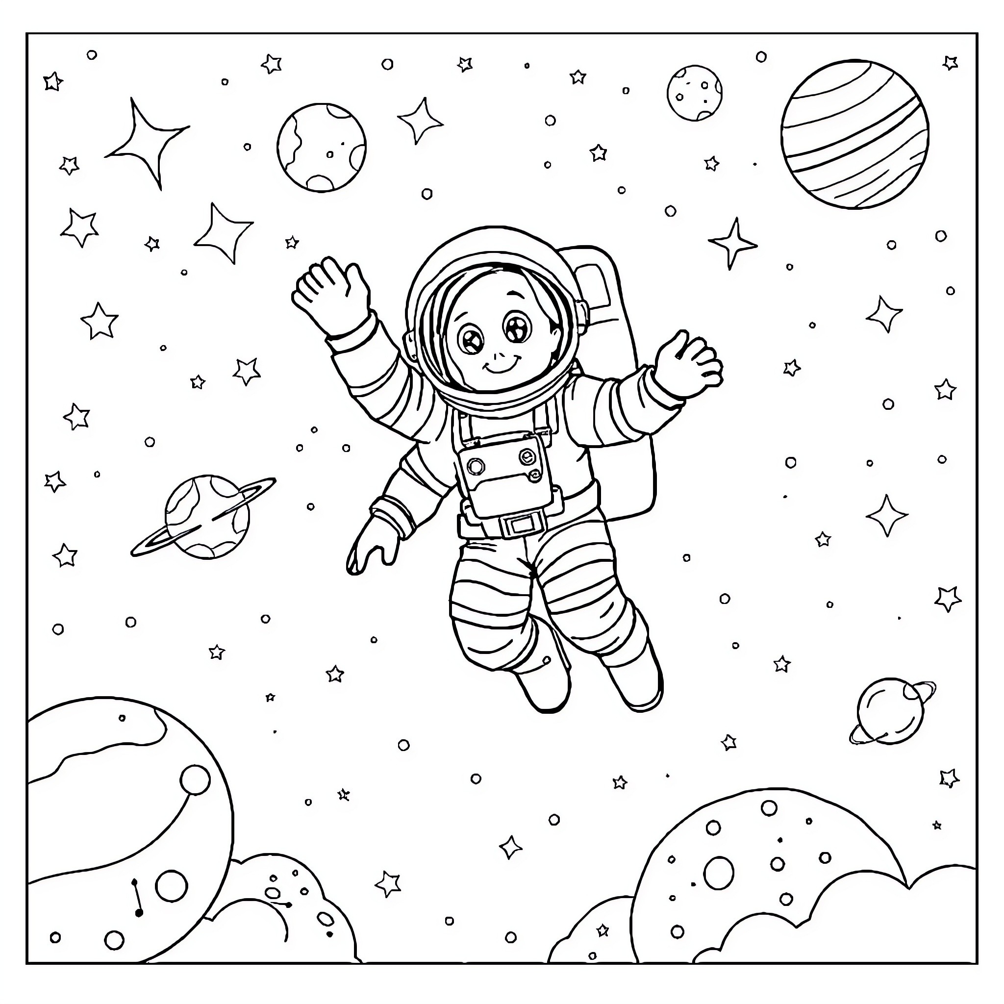 Astronaut exploring the wonders of outer space Coloring Page (free black-and-white line drawing printable PDF for all, from beginners to advanced learners, including children, teens, adults, and seniors)