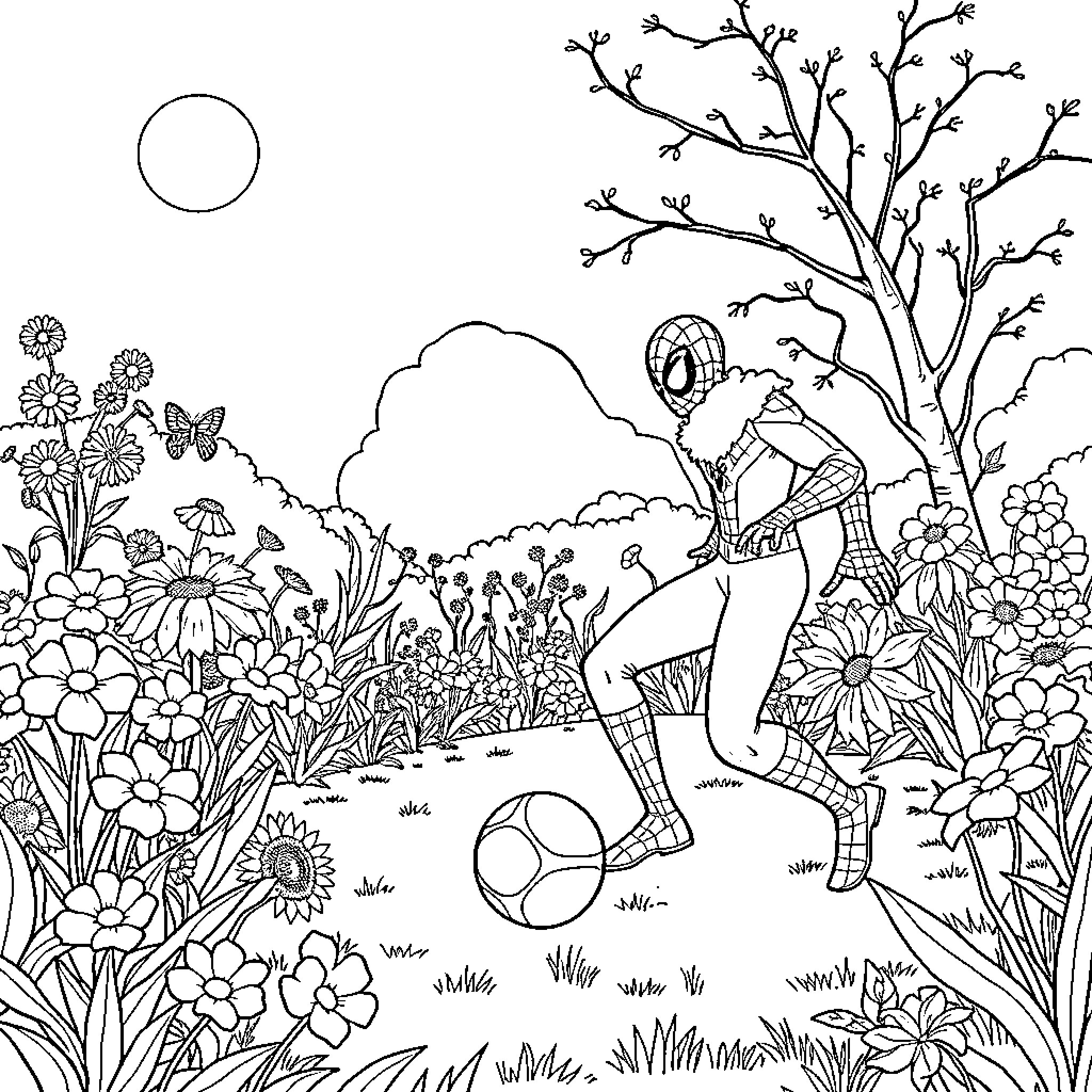 Spider-Man playing with soccer ball in blooming garden Coloring Page (free black-and-white line drawing printable PDF for all, from beginners to advanced learners, including children, teens, adults, and seniors)