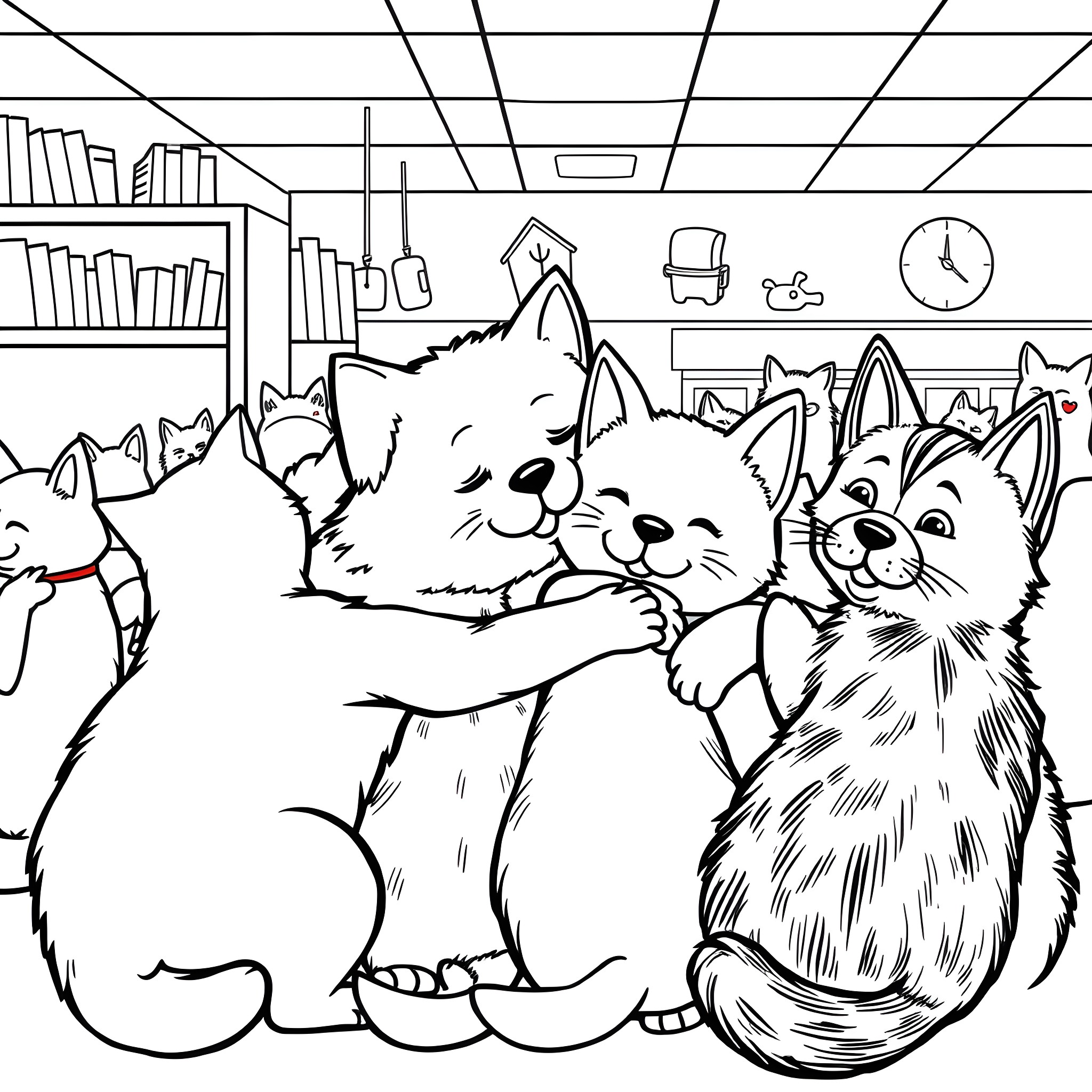 Cats snuggling together in cozy room Coloring Page (free black-and-white line drawing printable PDF for all, from beginners to advanced learners, including children, teens, adults, and seniors)