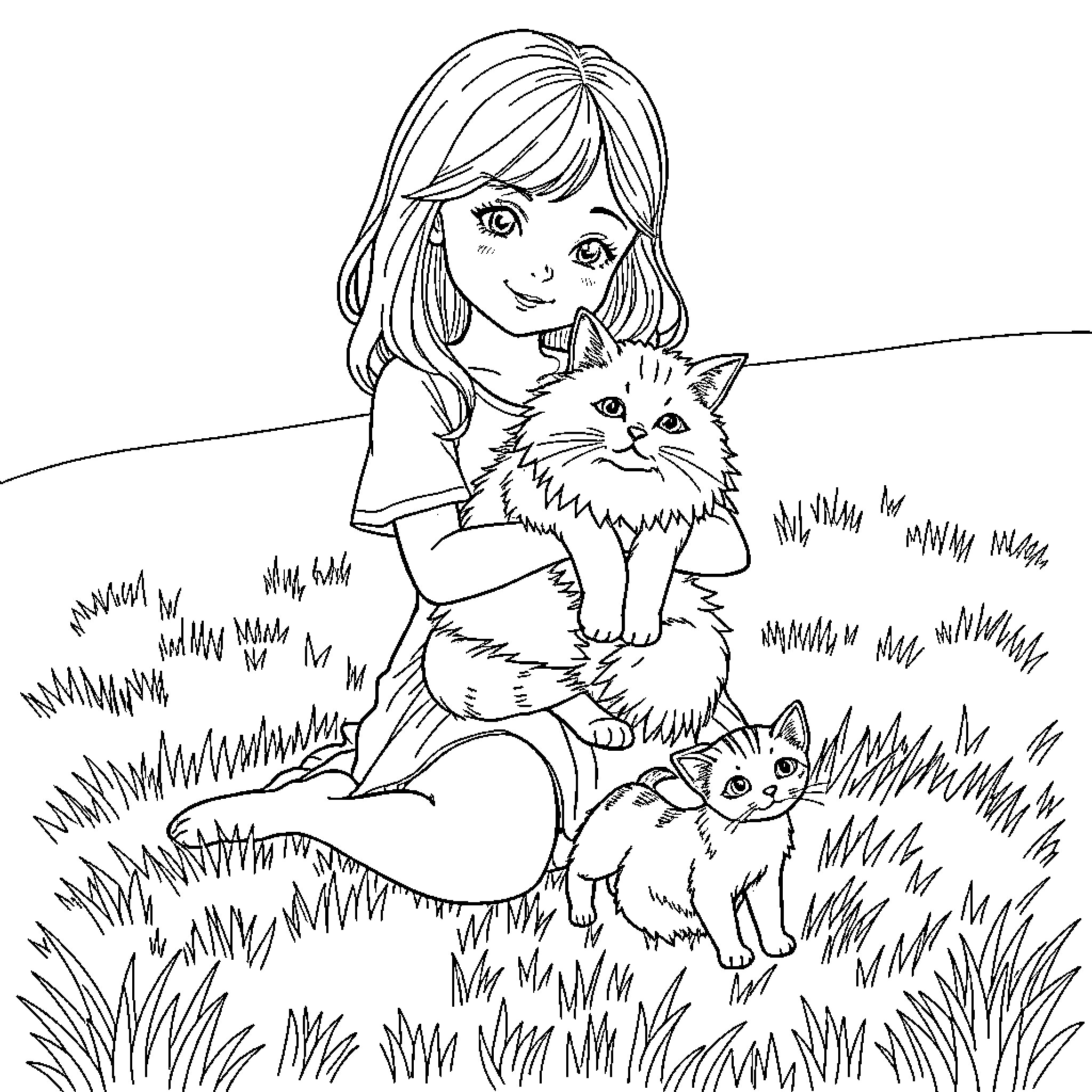 Girl cuddling kittens in meadow Coloring Page (free black-and-white line drawing printable PDF for all, from beginners to advanced learners, including children, teens, adults, and seniors)