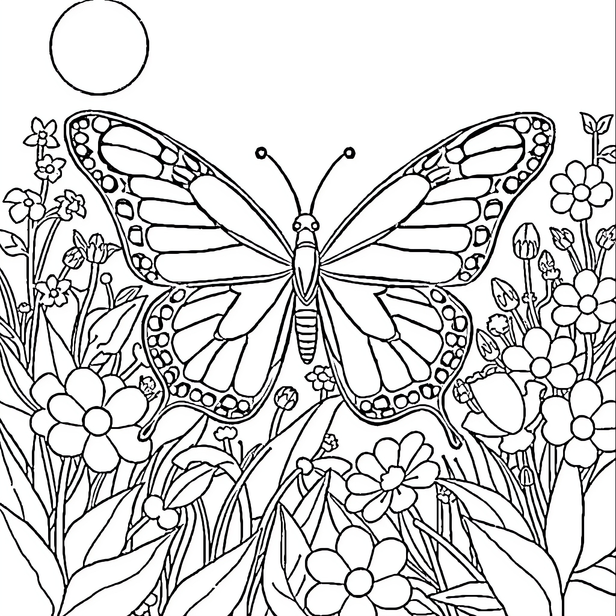 Butterfly in a floral garden Coloring Page (free black-and-white line drawing printable PDF for all, from beginners to advanced learners, including children, teens, adults, and seniors)