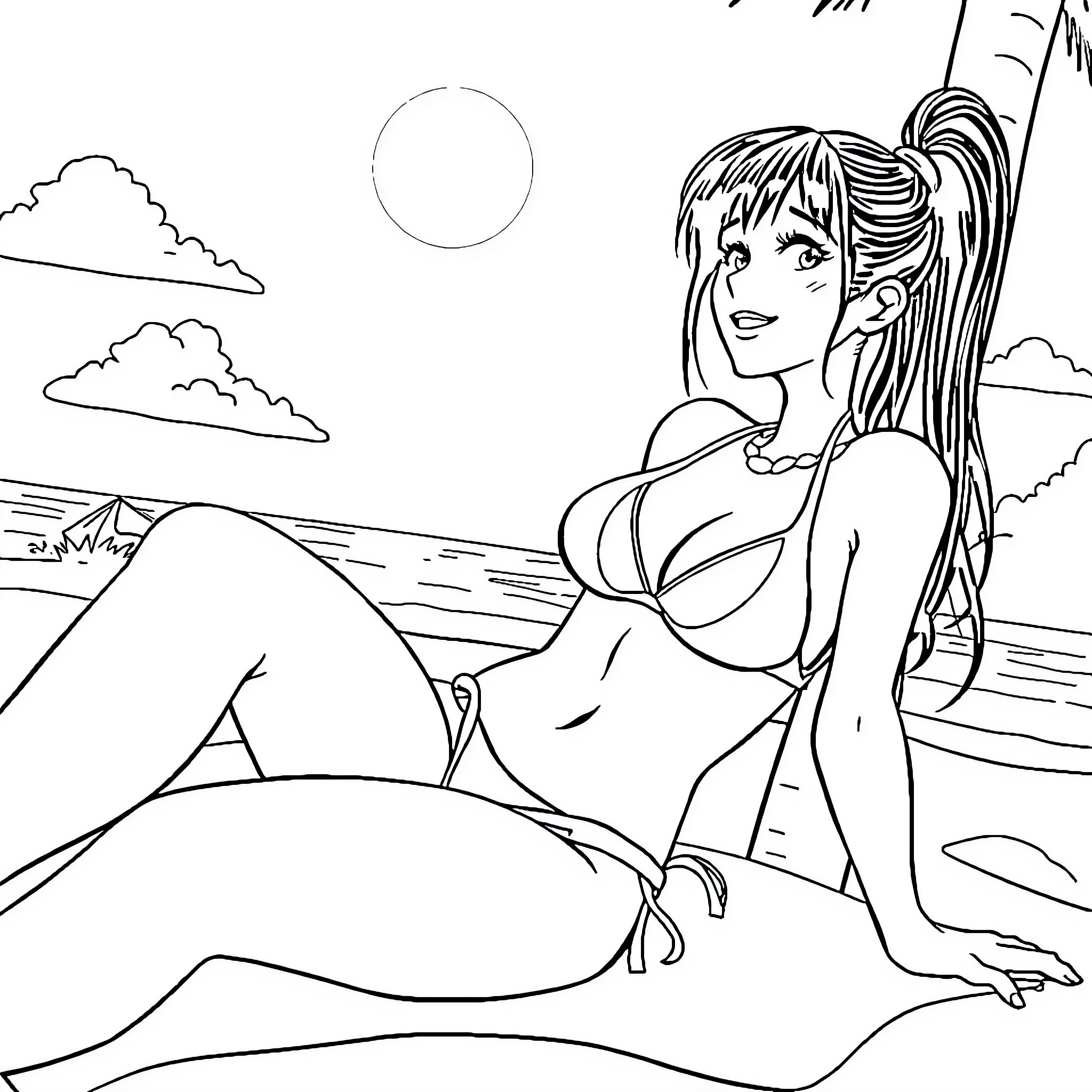Tifa Lockhart relaxing on the beach Coloring Page (free black-and-white line drawing printable PDF for all, from beginners to advanced learners, including children, teens, adults, and seniors)