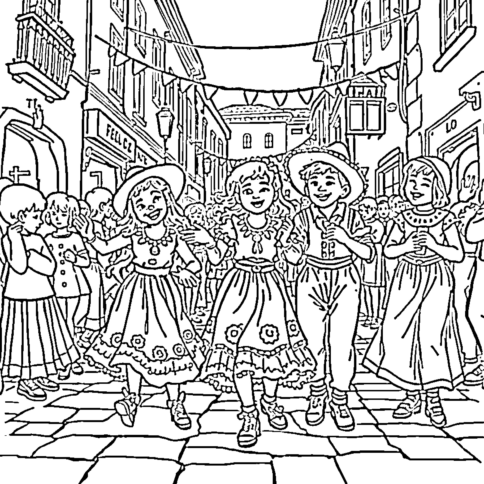 Kid Dancers in a Lively Street Festival Coloring Page (free black-and-white line drawing printable PDF for all, from beginners to advanced learners, including children, teens, adults, and seniors)