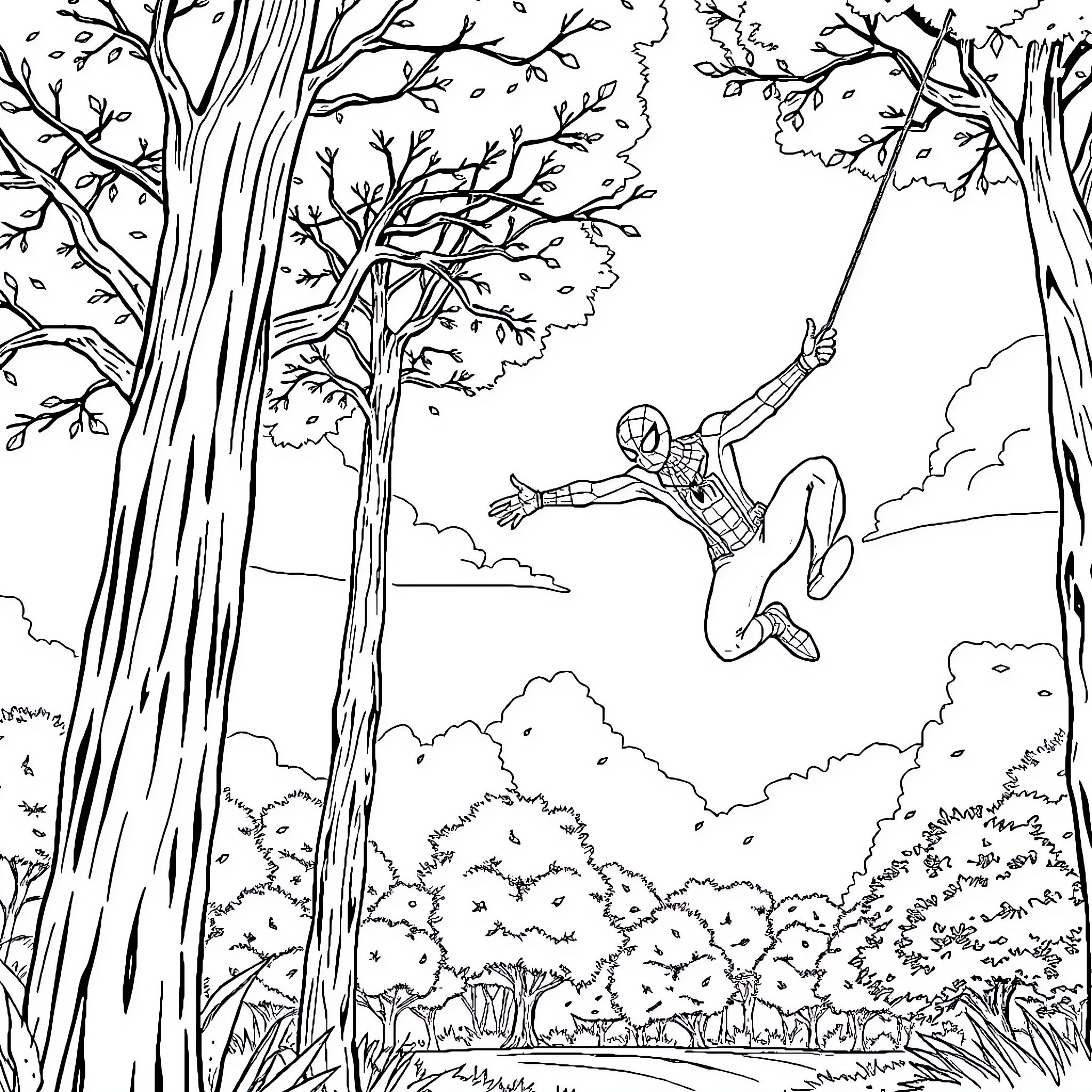 Spiderman swinging through the forest Coloring Page (free black-and-white line drawing printable PDF for all, from beginners to advanced learners, including children, teens, adults, and seniors)