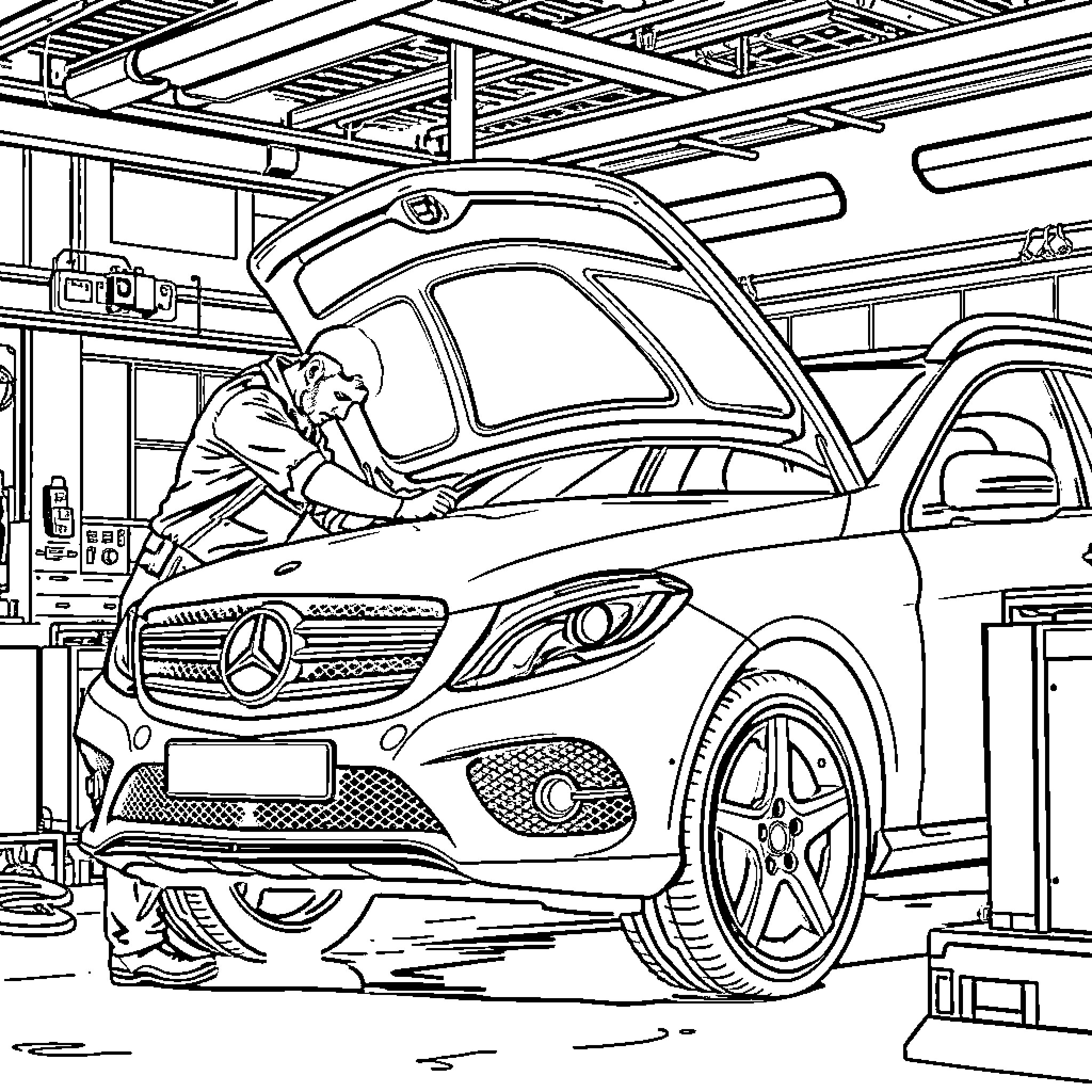 Diesel Mechanic Repairing Vehicle in Auto Shop Coloring Page (free black-and-white line drawing printable PDF for all, from beginners to advanced learners, including children, teens, adults, and seniors)