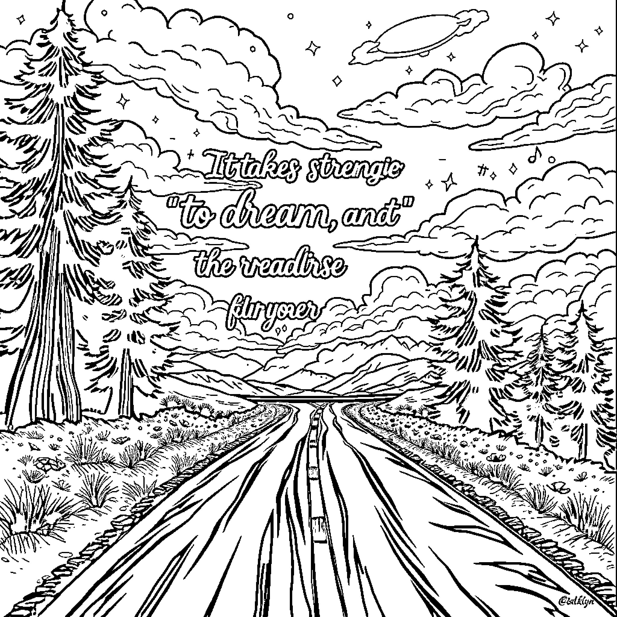 Dream journey through the enchanted landscape Coloring Page (free black-and-white line drawing printable PDF for all, from beginners to advanced learners, including children, teens, adults, and seniors)