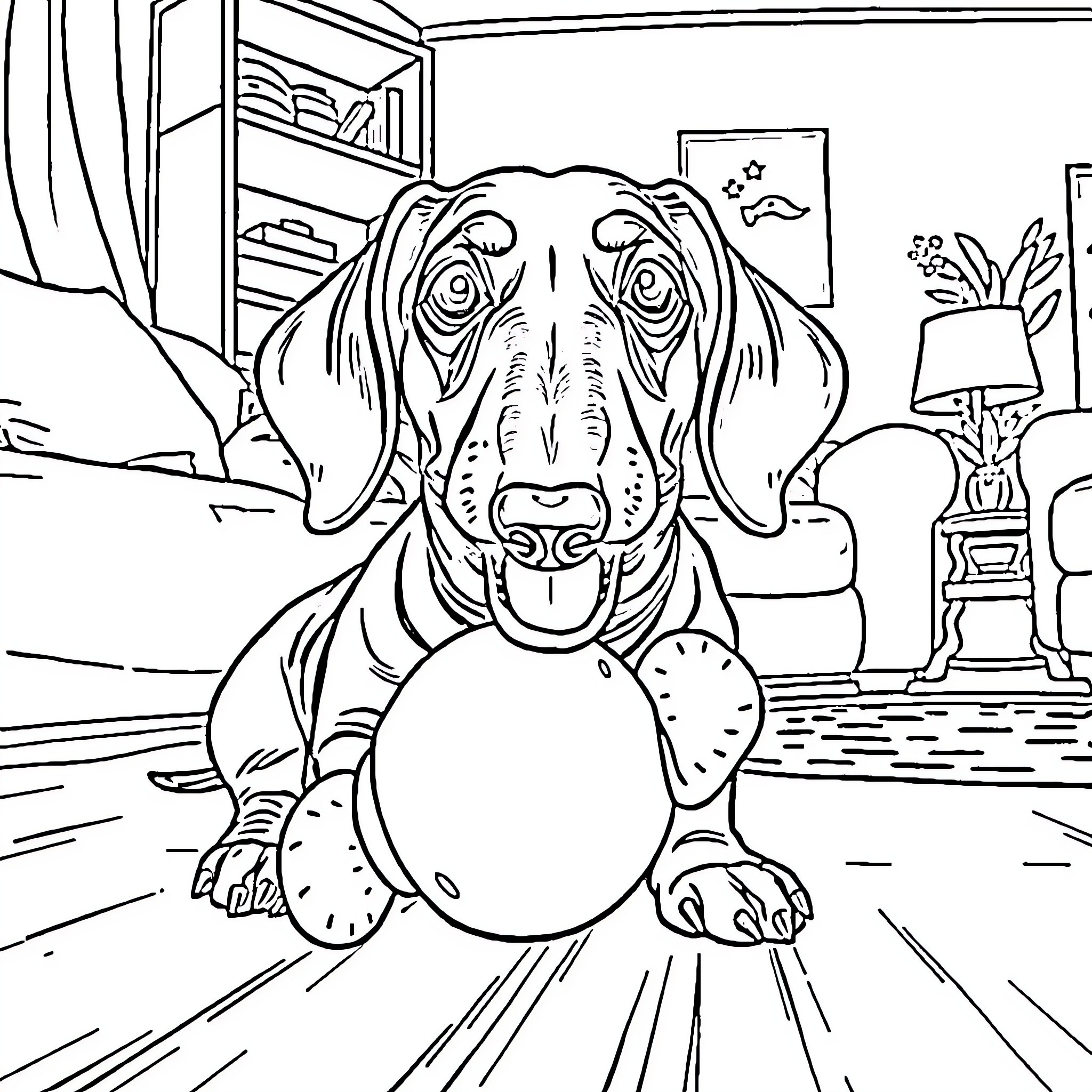 Dachshund playing with a ball in a cozy living room Coloring Page (free black-and-white line drawing printable PDF for all, from beginners to advanced learners, including children, teens, adults, and seniors)