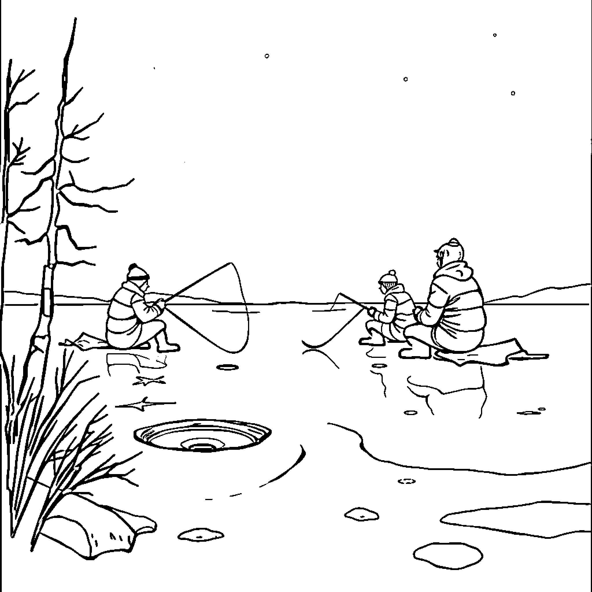 Ice Fishing on a Frozen Lake in Winter Coloring Page (free black-and-white line drawing printable PDF for all, from beginners to advanced learners, including children, teens, adults, and seniors)