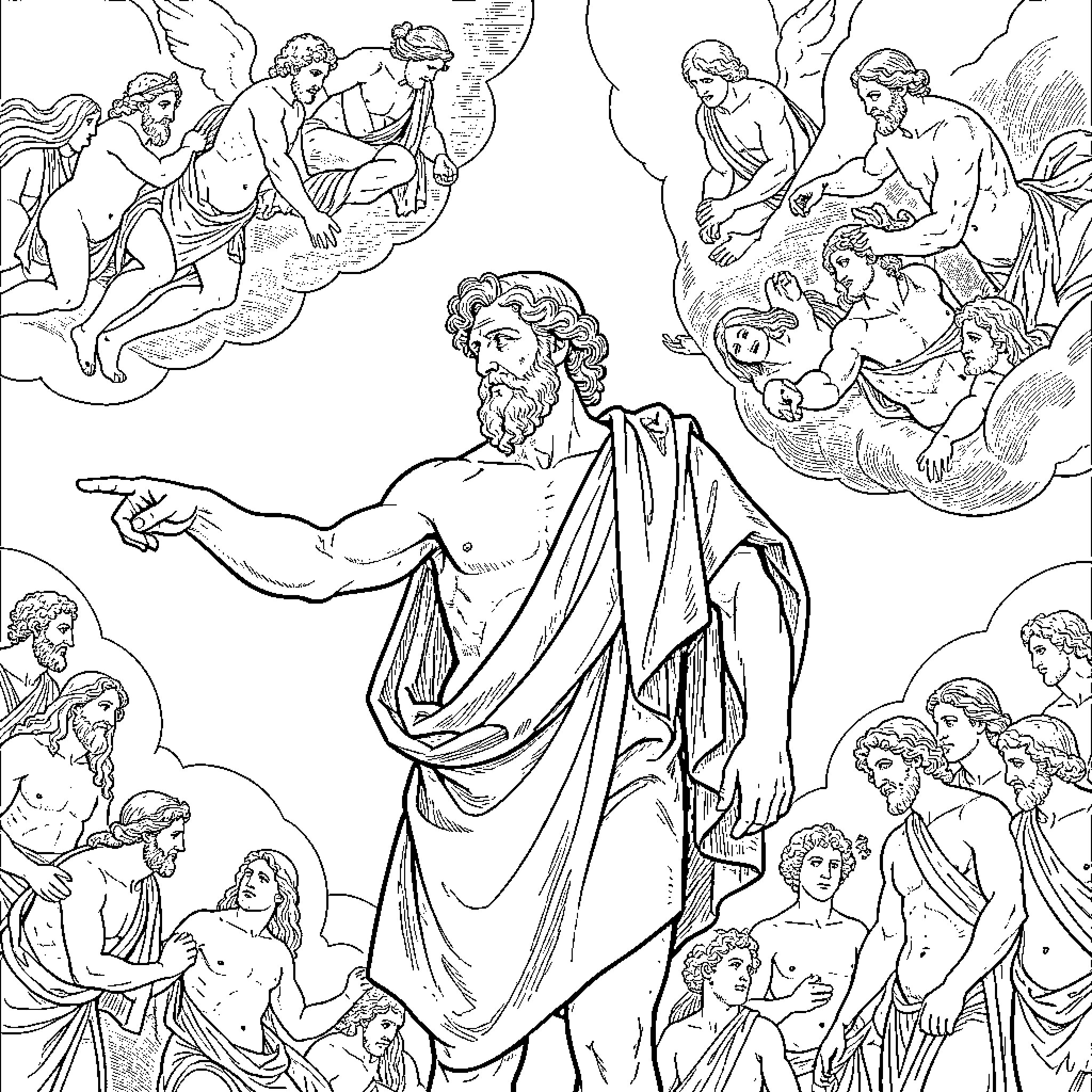 God Creating the Universe and Its Inhabitants Coloring Page (free black-and-white line drawing printable PDF for all, from beginners to advanced learners, including children, teens, adults, and seniors)