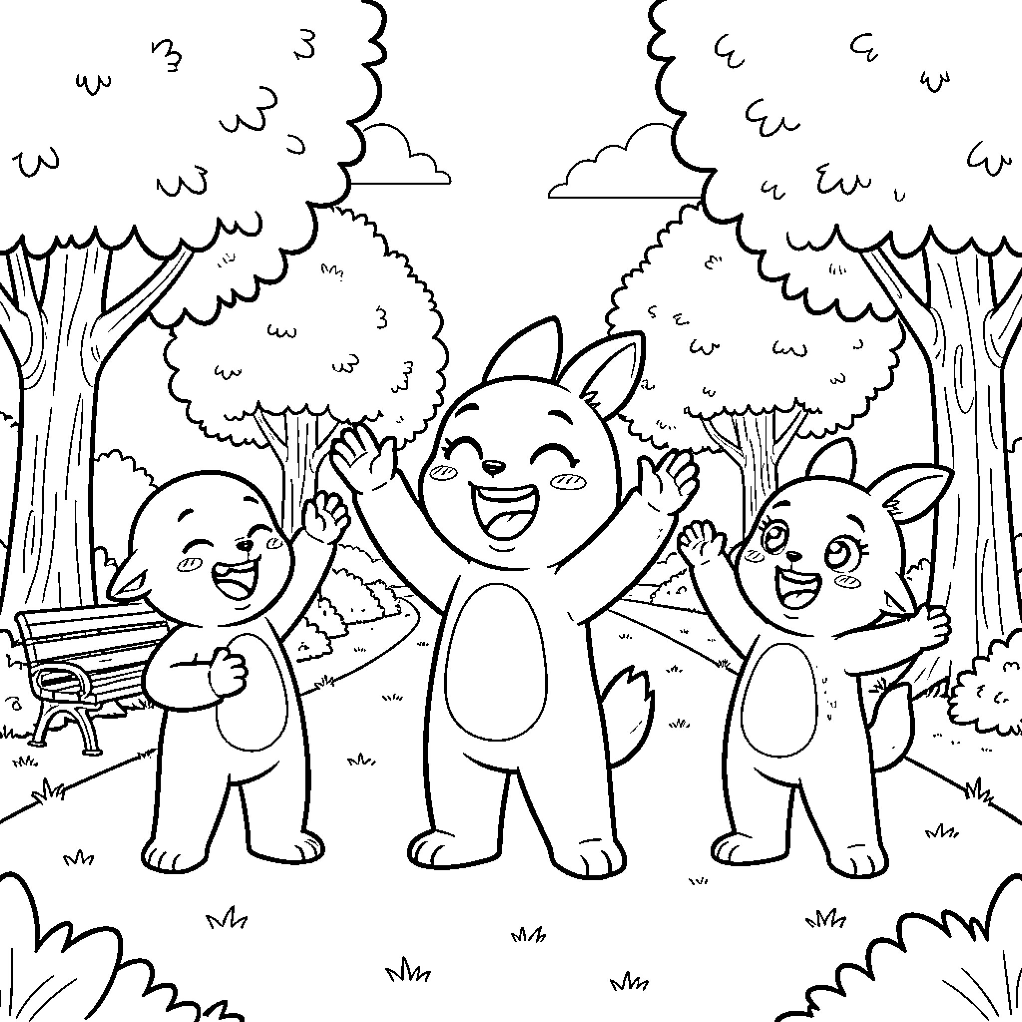 Untrix happy cartoon animals cheering in a park Coloring Page (free black-and-white line drawing printable PDF for all, from beginners to advanced learners, including children, teens, adults, and seniors)