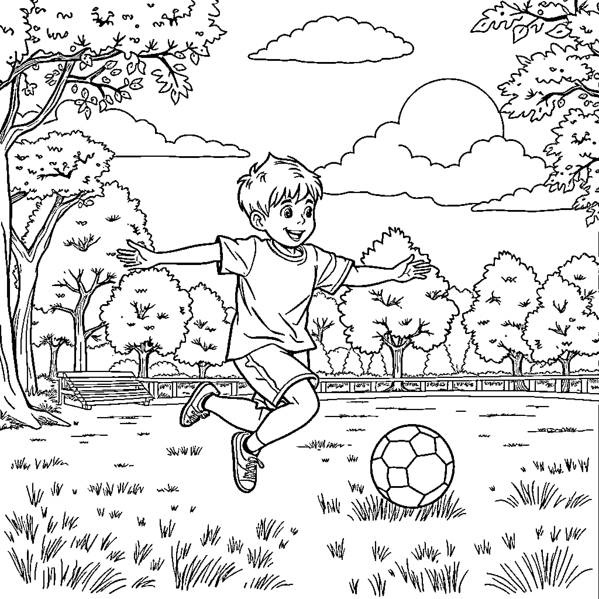 Boy playing with soccer ball in park Coloring Page (free black-and-white line drawing printable PDF for all, from beginners to advanced learners, including children, teens, adults, and seniors)