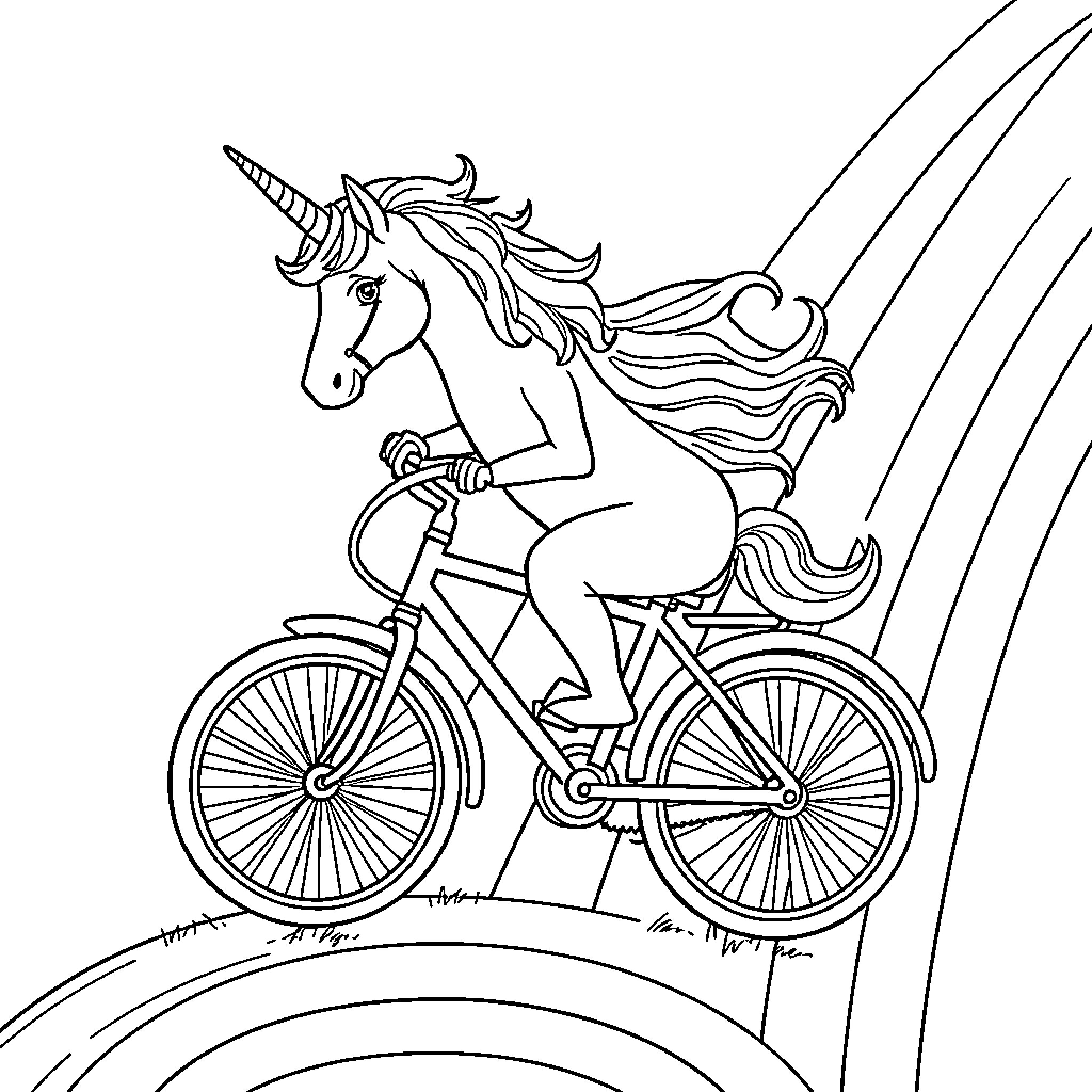 Unicorn riding bicycle through magical landscape Coloring Page (free black-and-white line drawing printable PDF for all, from beginners to advanced learners, including children, teens, adults, and seniors)