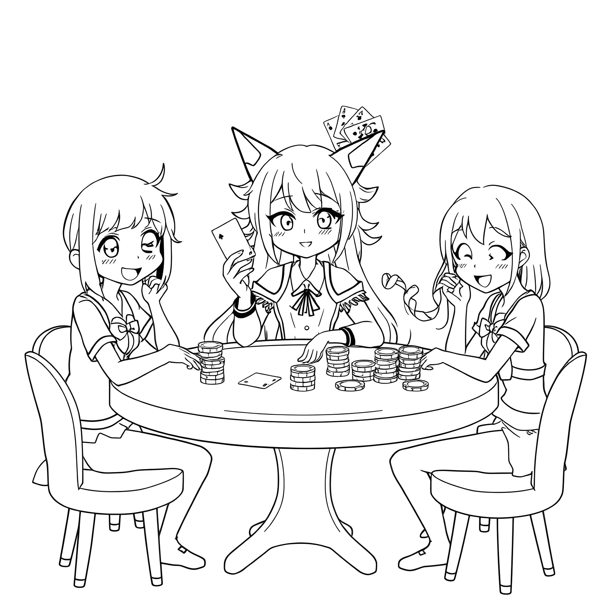 Kuromi and friends playing a card game Coloring Page (free black-and-white line drawing printable PDF for all, from beginners to advanced learners, including children, teens, adults, and seniors)