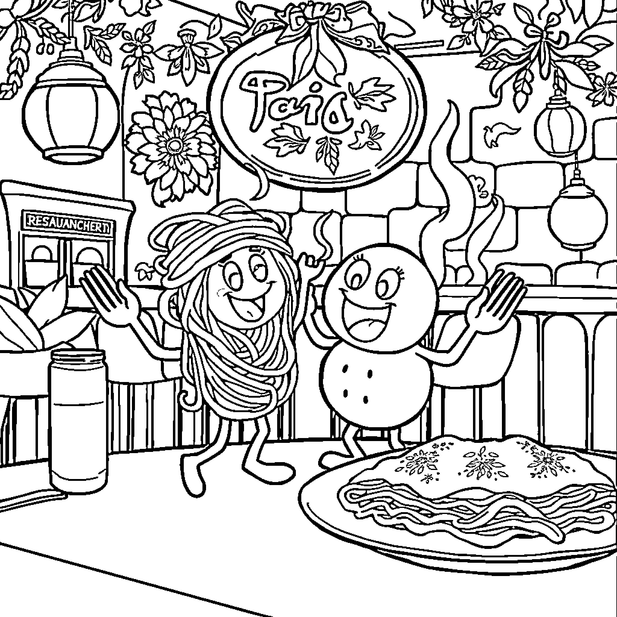 Spaghetti Dinner with Friendly Characters Coloring Page (free black-and-white line drawing printable PDF for all, from beginners to advanced learners, including children, teens, adults, and seniors)