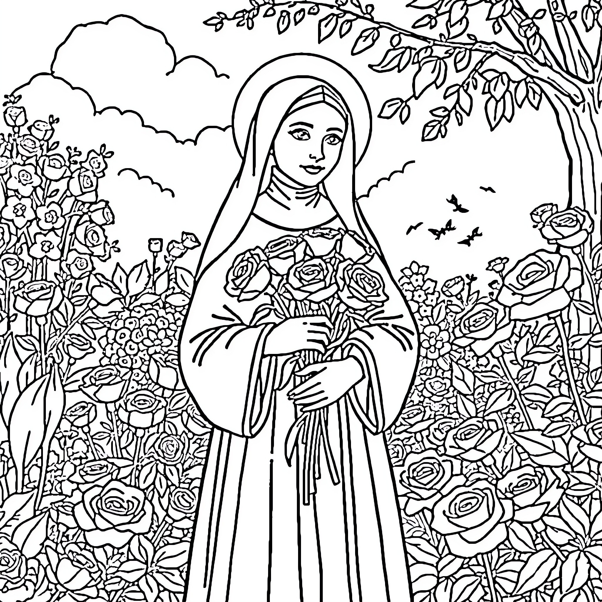 St. Therese surrounded by flowers and nature Coloring Page (free black-and-white line drawing printable PDF for all, from beginners to advanced learners, including children, teens, adults, and seniors)