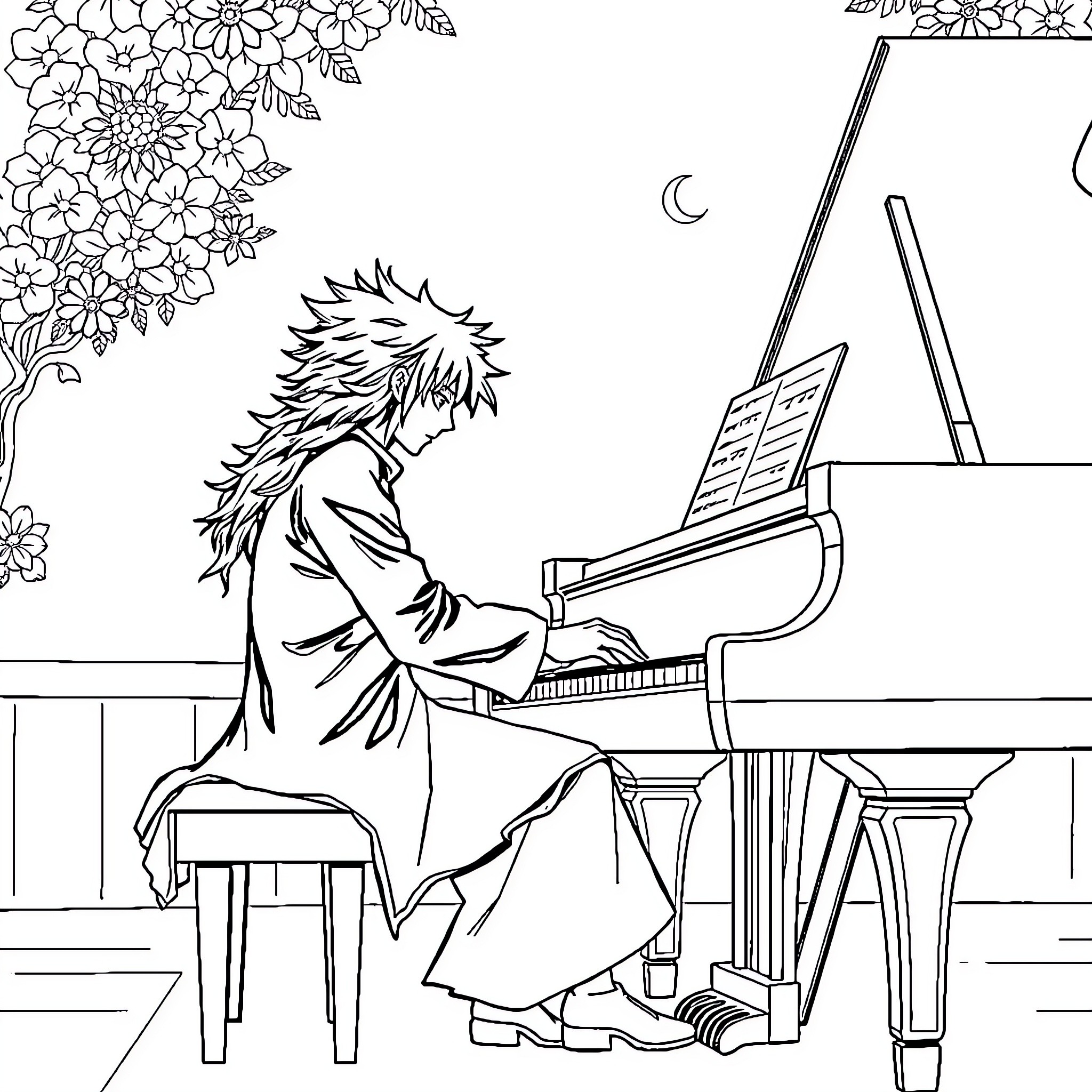 Madara playing piano under the moonlight Coloring Page (free black-and-white line drawing printable PDF for all, from beginners to advanced learners, including children, teens, adults, and seniors)