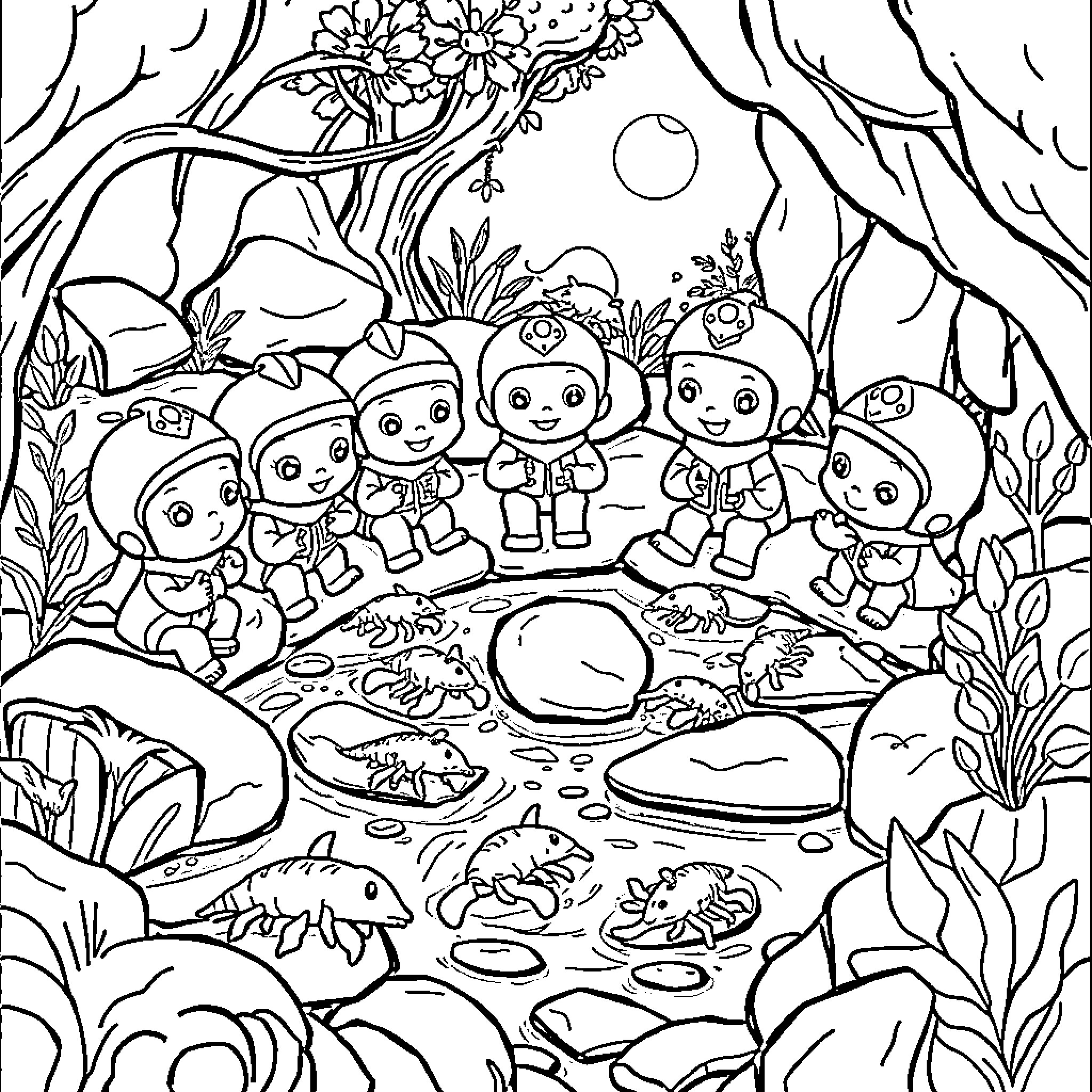 Octonauts exploring the magical underwater world Coloring Page (free black-and-white line drawing printable PDF for all, from beginners to advanced learners, including children, teens, adults, and seniors)