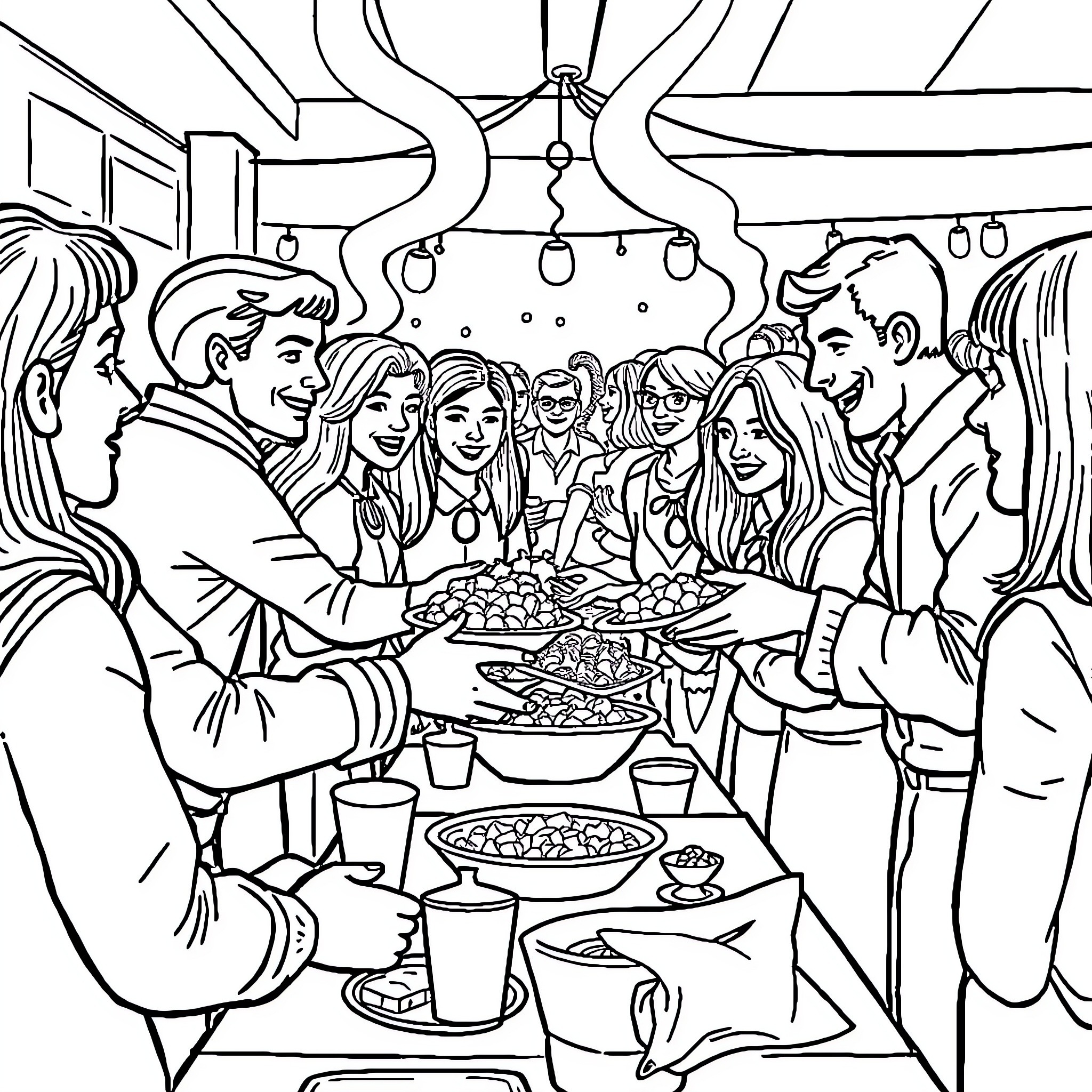Person enjoying a social gathering with friends Coloring Page (free black-and-white line drawing printable PDF for all, from beginners to advanced learners, including children, teens, adults, and seniors)